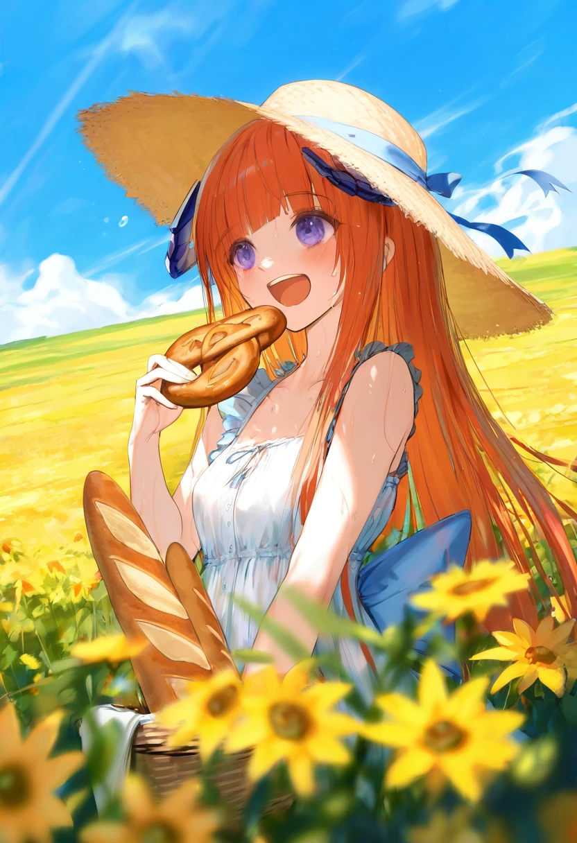 (((observerz))) ,wanke,mikaze oto,ciloranko,[sho \(sho lwlw\)],wlop, - 1girl,bagpipe \(arknights\),arknights,baguette,blush,bread,croissant,holding basket,pretzel,upper body,straw hat,field,sky,laughing,sweat,sunlight,