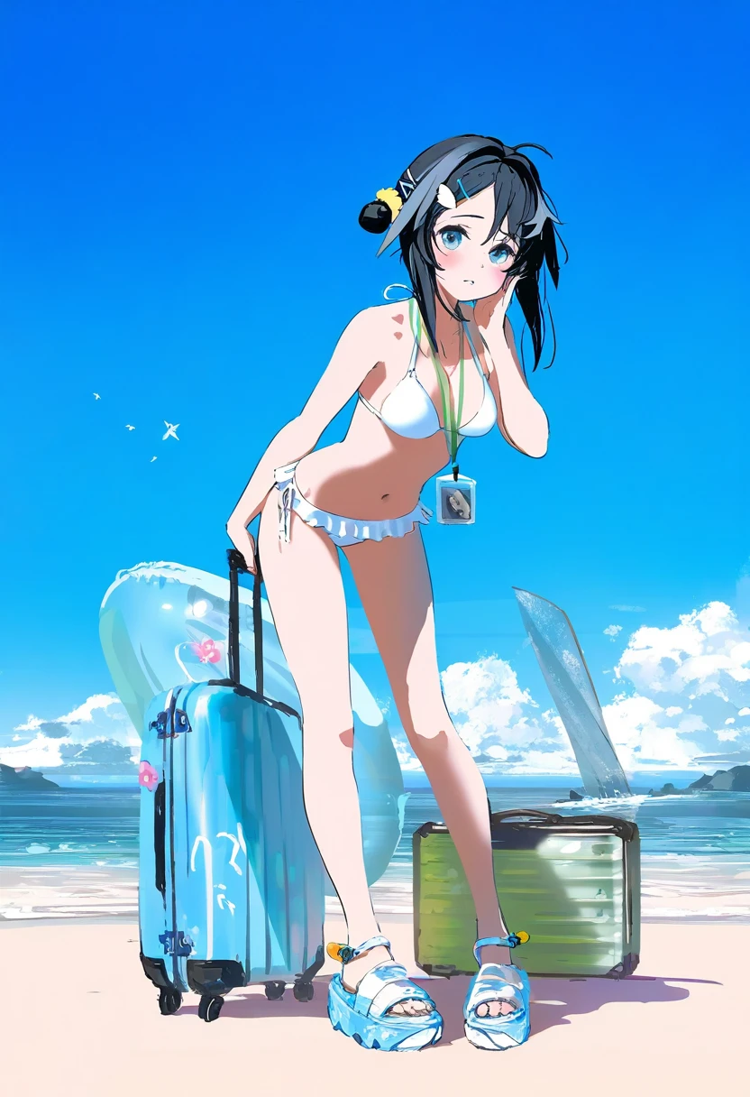 (atsuage \(kakinop\)) mika pikazo,(wlop,reoen,tianliang duohe fangdongye),[ask \(askzy\)],[kantoku], - 1girl,la pluma \(summer flowers\) \(arknights\),arknights,white bikini,outdoors,navel,day,sky,blue sky,beach,suitcase,looking at viewer,ocean,low-tied long hair,leaning forward,standing,holding,frills,hand up,bare shoulders,floating hair,
