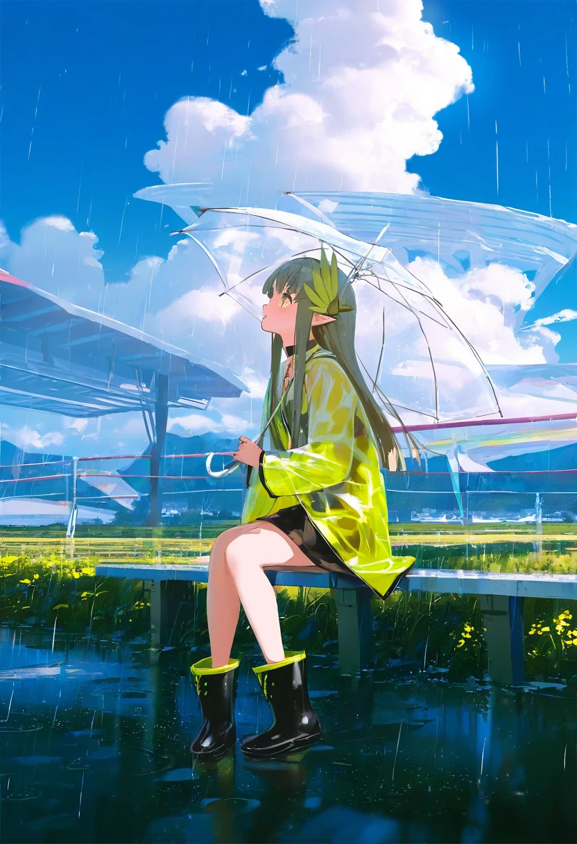 (atsuage \(kakinop\)) mika pikazo,(wlop,reoen,tianliang duohe fangdongye),[ask \(askzy\)],[kantoku], - 1girl,muelsyse \(arknights\),arknights,cloudy sky,grass,on bench,outdoors,rain,road,yellow rubber boots,see-through coat,sitting,transparent raincoat,water drop,