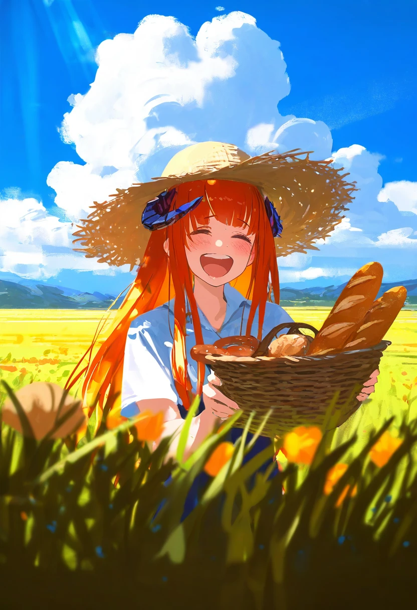 (atsuage \(kakinop\)) mika pikazo,(wlop,reoen,tianliang duohe fangdongye),[ask \(askzy\)],[kantoku], - 1girl,bagpipe \(arknights\),arknights,baguette,blush,bread,croissant,holding basket,pretzel,upper body,straw hat,field,sky,laughing,sweat,sunlight,