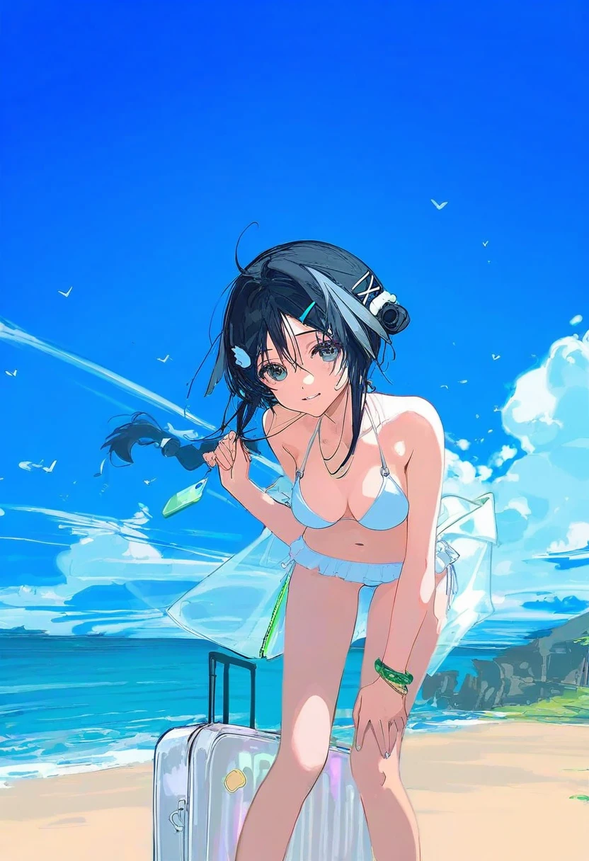 [[[wlop]]],[mochizuki kei],ciloranko,shanyao jiang tororo, - 1girl,la pluma \(summer flowers\) \(arknights\),arknights,white bikini,outdoors,navel,day,sky,blue sky,beach,suitcase,looking at viewer,ocean,low-tied long hair,leaning forward,standing,holding,frills,hand up,bare shoulders,floating hair,