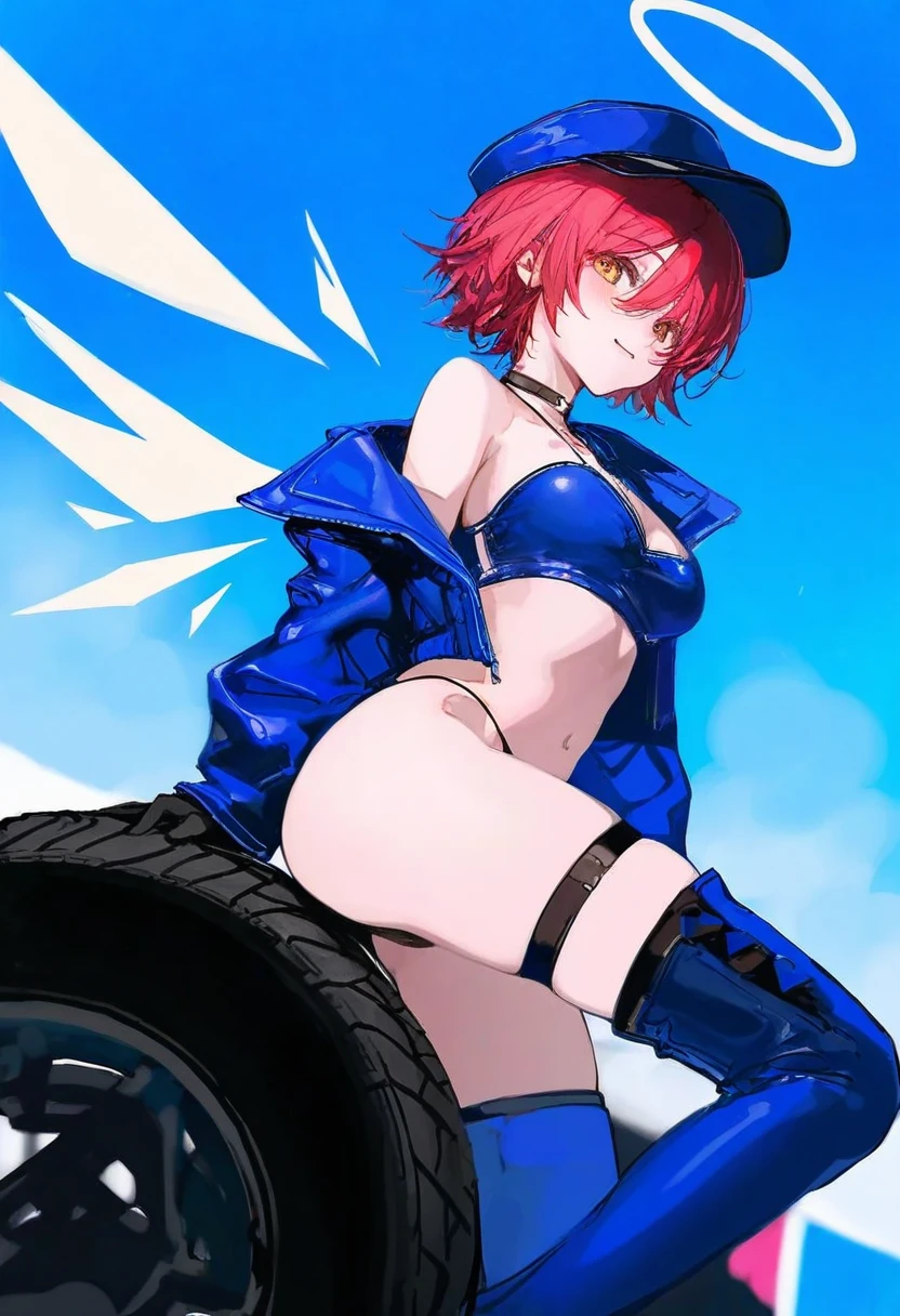 [[[wlop]]],[mochizuki kei],ciloranko,shanyao jiang tororo, - 1girl,exusiai \(arknights\),arknights,black gloves,black panties,blue thigh boots,blue hat,blue jacket,long sleeves,race queen,thigh strap,thong,single bare shoulder,skindentation,tire,