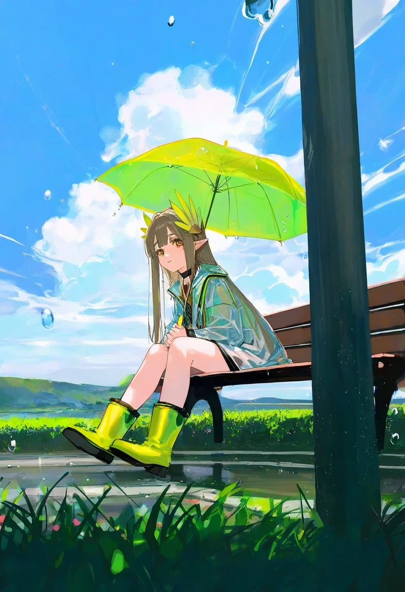 [[[wlop]]],[mochizuki kei],ciloranko,shanyao jiang tororo, - 1girl,muelsyse \(arknights\),arknights,cloudy sky,grass,on bench,outdoors,rain,road,yellow rubber boots,see-through coat,sitting,transparent raincoat,water drop,