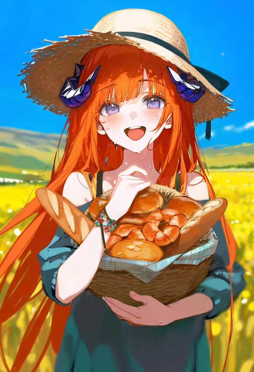 [[[wlop]]],[mochizuki kei],ciloranko,shanyao jiang tororo, - 1girl,bagpipe \(arknights\),arknights,baguette,blush,bread,croissant,holding basket,pretzel,upper body,straw hat,field,sky,laughing,sweat,sunlight,