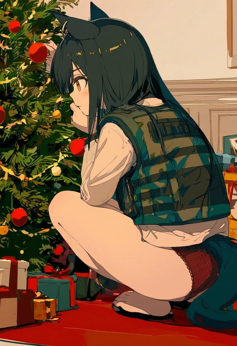 [[[ningen mame]]],miyase mahiro,chen bin,[[[sho \(sho lwlw\)]]],[[[[ogipote]]]],[[[ciloranko]]],[cogecha],[wlop], - 1girl,texas \(arknights\),arknights,underwear,tactical vest,christmas tree,christmas ornaments,