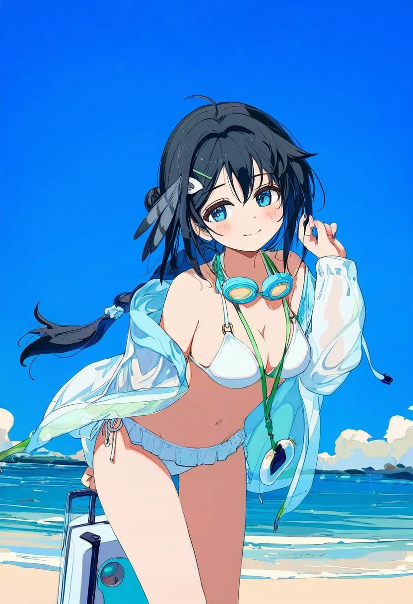 [[[ningen mame]]],miyase mahiro,chen bin,[[[sho \(sho lwlw\)]]],[[[[ogipote]]]],[[[ciloranko]]],[cogecha],[wlop], - 1girl,la pluma \(summer flowers\) \(arknights\),arknights,white bikini,outdoors,navel,day,sky,blue sky,beach,suitcase,looking at viewer,ocean,low-tied long hair,leaning forward,standing,holding,frills,hand up,bare shoulders,floating hair,