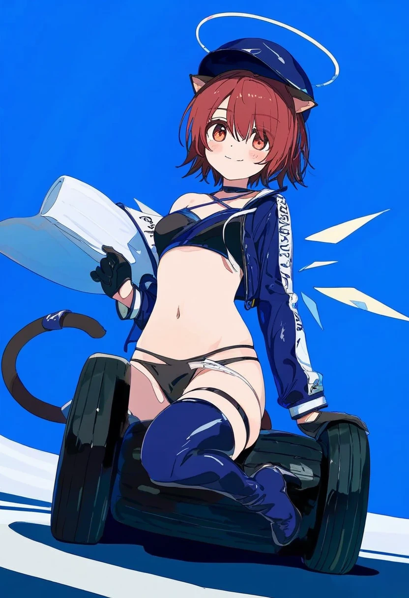 [[[ningen mame]]],miyase mahiro,chen bin,[[[sho \(sho lwlw\)]]],[[[[ogipote]]]],[[[ciloranko]]],[cogecha],[wlop], - 1girl,exusiai \(arknights\),arknights,black gloves,black panties,blue thigh boots,blue hat,blue jacket,long sleeves,race queen,thigh strap,thong,single bare shoulder,skindentation,tire,