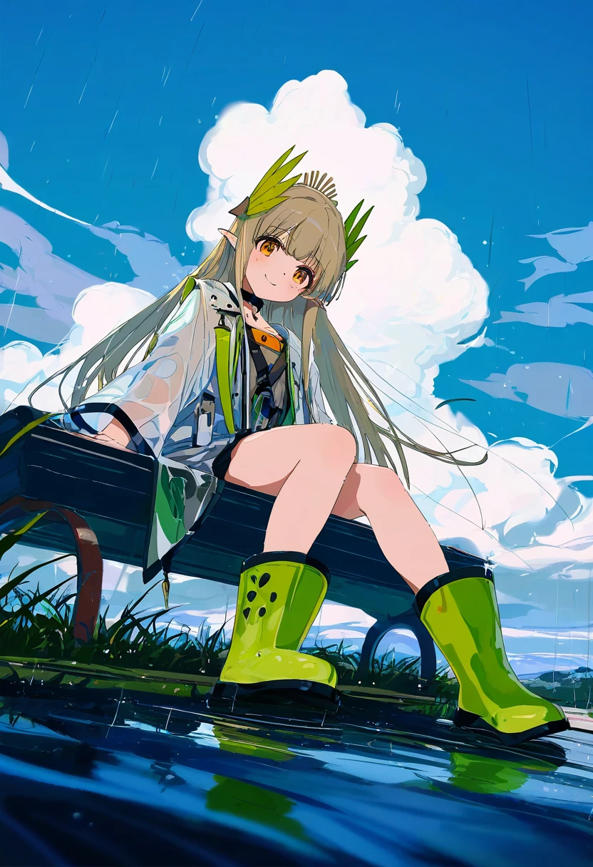 [[[ningen mame]]],miyase mahiro,chen bin,[[[sho \(sho lwlw\)]]],[[[[ogipote]]]],[[[ciloranko]]],[cogecha],[wlop], - 1girl,muelsyse \(arknights\),arknights,cloudy sky,grass,on bench,outdoors,rain,road,yellow rubber boots,see-through coat,sitting,transparent raincoat,water drop,