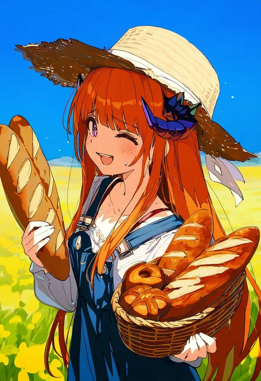 [[[ningen mame]]],miyase mahiro,chen bin,[[[sho \(sho lwlw\)]]],[[[[ogipote]]]],[[[ciloranko]]],[cogecha],[wlop], - 1girl,bagpipe \(arknights\),arknights,baguette,blush,bread,croissant,holding basket,pretzel,upper body,straw hat,field,sky,laughing,sweat,sunlight,