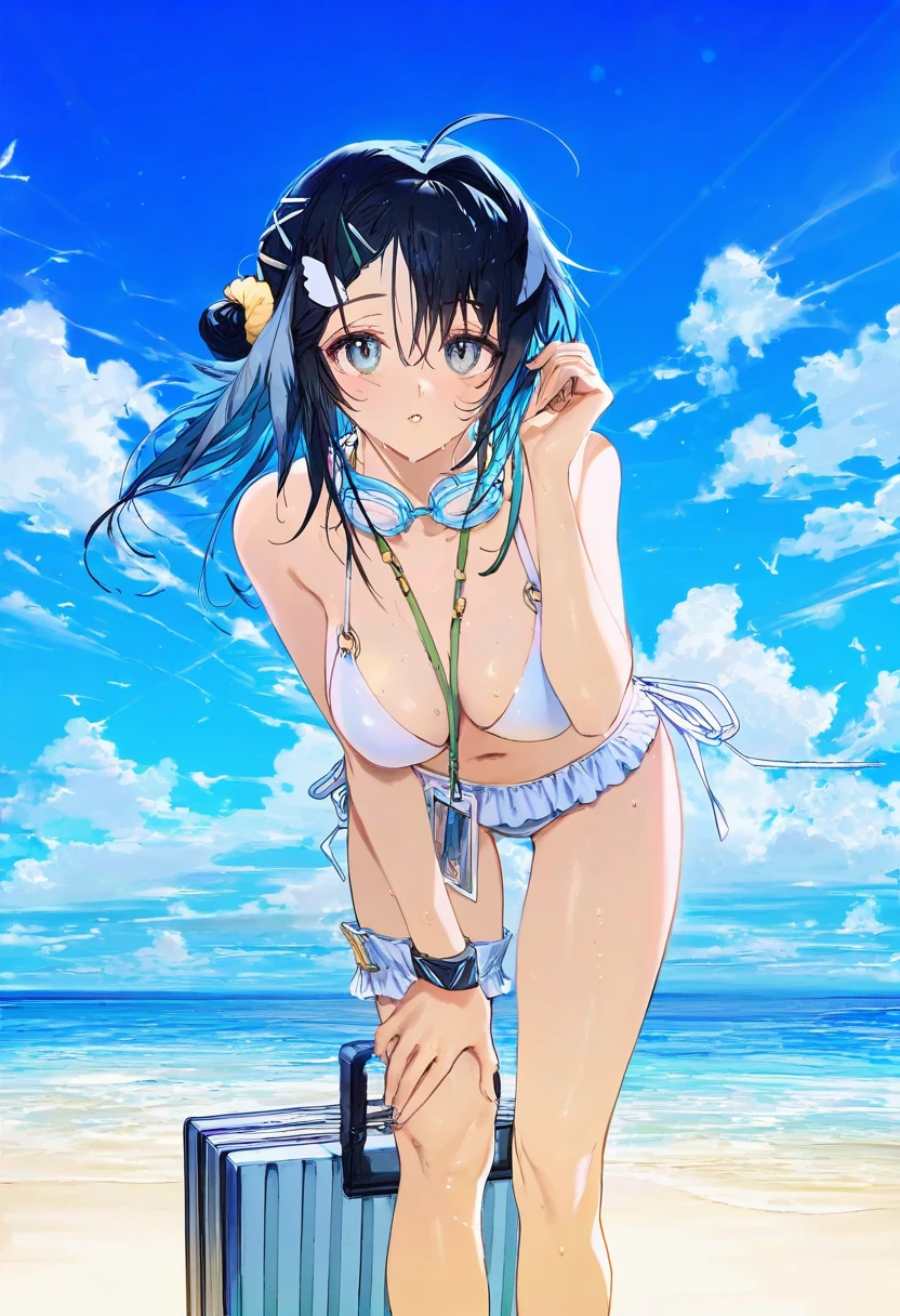 hxxg,(pigeon666),[ciloranko,wlop],[ask \(askzy\)],(redi \(rasec asdjh\)),wanke, - 1girl,la pluma \(summer flowers\) \(arknights\),arknights,white bikini,outdoors,navel,day,sky,blue sky,beach,suitcase,looking at viewer,ocean,low-tied long hair,leaning forward,standing,holding,frills,hand up,bare shoulders,floating hair,