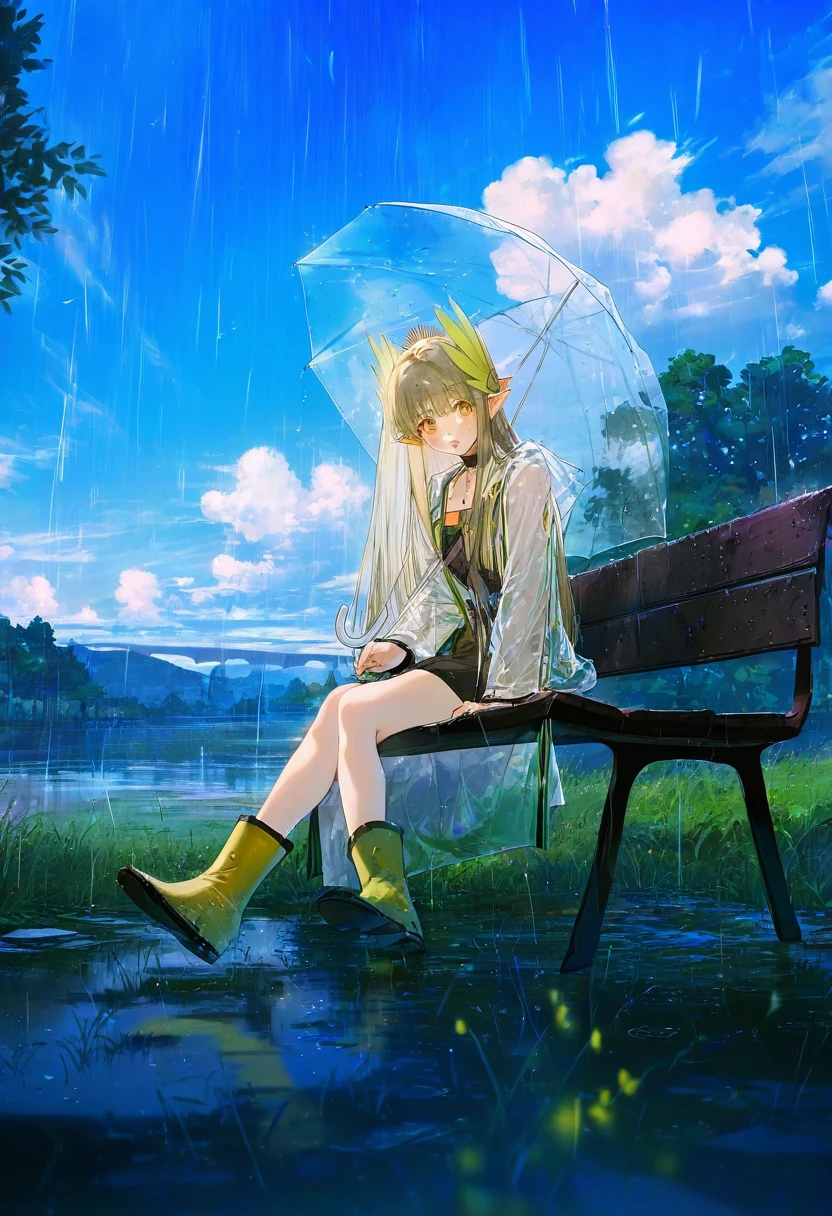 hxxg,(pigeon666),[ciloranko,wlop],[ask \(askzy\)],(redi \(rasec asdjh\)),wanke, - 1girl,muelsyse \(arknights\),arknights,cloudy sky,grass,on bench,outdoors,rain,road,yellow rubber boots,see-through coat,sitting,transparent raincoat,water drop,