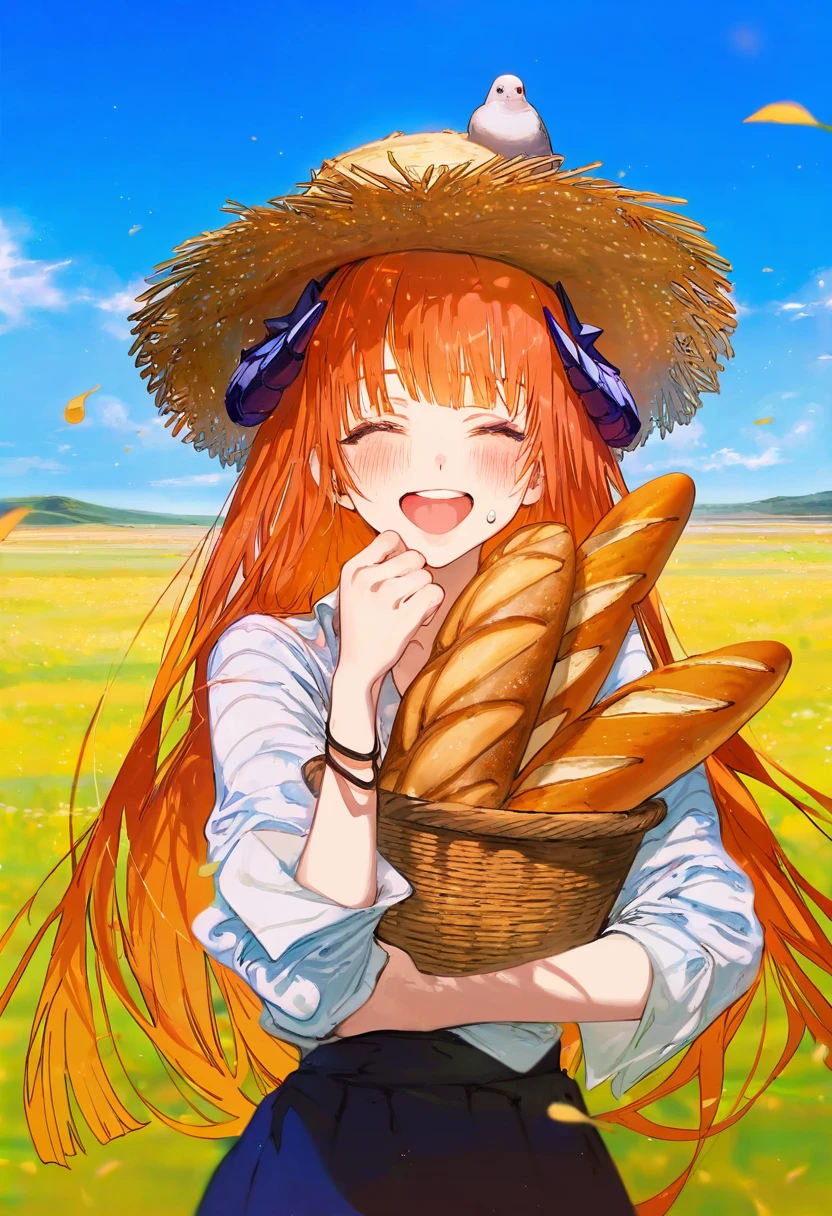 hxxg,(pigeon666),[ciloranko,wlop],[ask \(askzy\)],(redi \(rasec asdjh\)),wanke, - 1girl,bagpipe \(arknights\),arknights,baguette,blush,bread,croissant,holding basket,pretzel,upper body,straw hat,field,sky,laughing,sweat,sunlight,