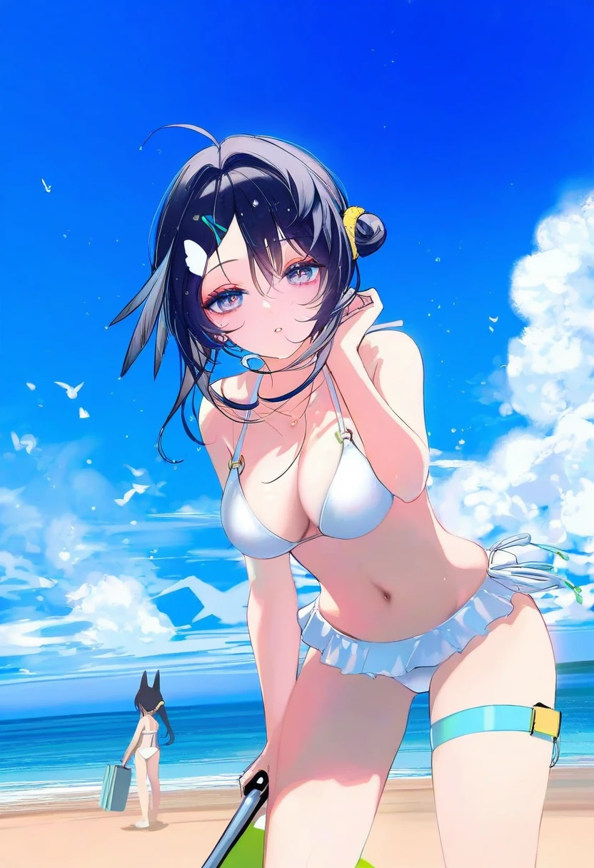 kaede \(sayappa\),[[wlop]],[[[kase daiki]]],jima,[sheya],[[ciloranko]],[[[toosaka asagi]]],[[[tianliang duohe fangdongye]]],henreader, - 1girl,la pluma \(summer flowers\) \(arknights\),arknights,white bikini,outdoors,navel,day,sky,blue sky,beach,suitcase,looking at viewer,ocean,low-tied long hair,leaning forward,standing,holding,frills,hand up,bare shoulders,floating hair,