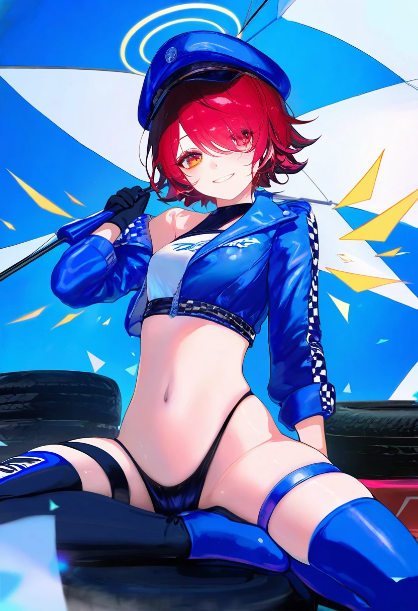 kaede \(sayappa\),[[wlop]],[[[kase daiki]]],jima,[sheya],[[ciloranko]],[[[toosaka asagi]]],[[[tianliang duohe fangdongye]]],henreader, - 1girl,exusiai \(arknights\),arknights,black gloves,black panties,blue thigh boots,blue hat,blue jacket,long sleeves,race queen,thigh strap,thong,single bare shoulder,skindentation,tire,