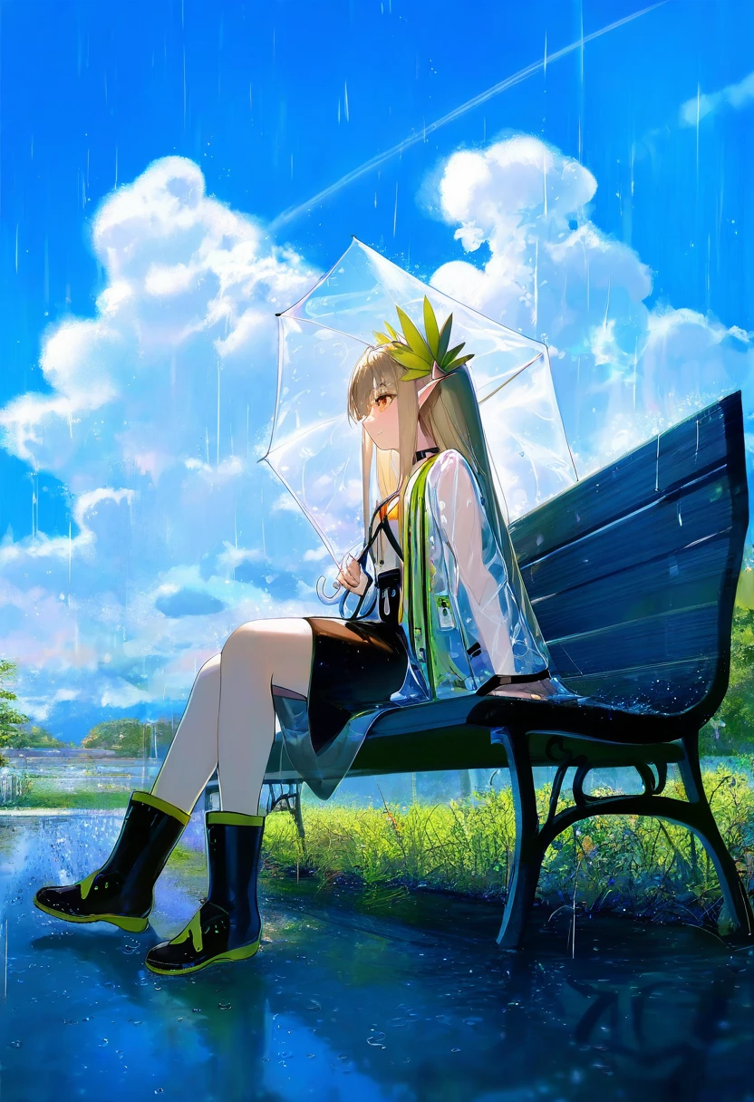 kaede \(sayappa\),[[wlop]],[[[kase daiki]]],jima,[sheya],[[ciloranko]],[[[toosaka asagi]]],[[[tianliang duohe fangdongye]]],henreader, - 1girl,muelsyse \(arknights\),arknights,cloudy sky,grass,on bench,outdoors,rain,road,yellow rubber boots,see-through coat,sitting,transparent raincoat,water drop,