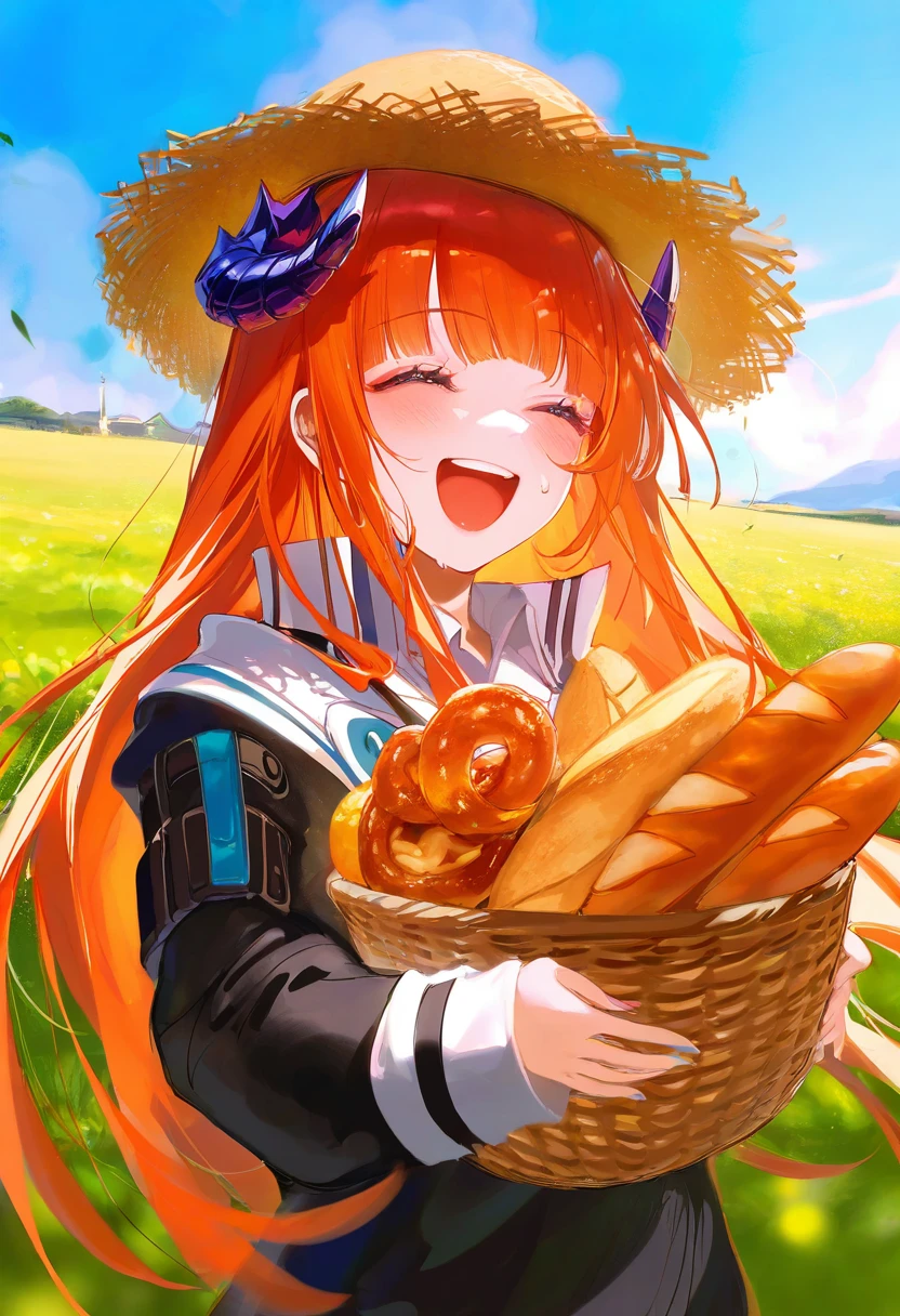 kaede \(sayappa\),[[wlop]],[[[kase daiki]]],jima,[sheya],[[ciloranko]],[[[toosaka asagi]]],[[[tianliang duohe fangdongye]]],henreader, - 1girl,bagpipe \(arknights\),arknights,baguette,blush,bread,croissant,holding basket,pretzel,upper body,straw hat,field,sky,laughing,sweat,sunlight,