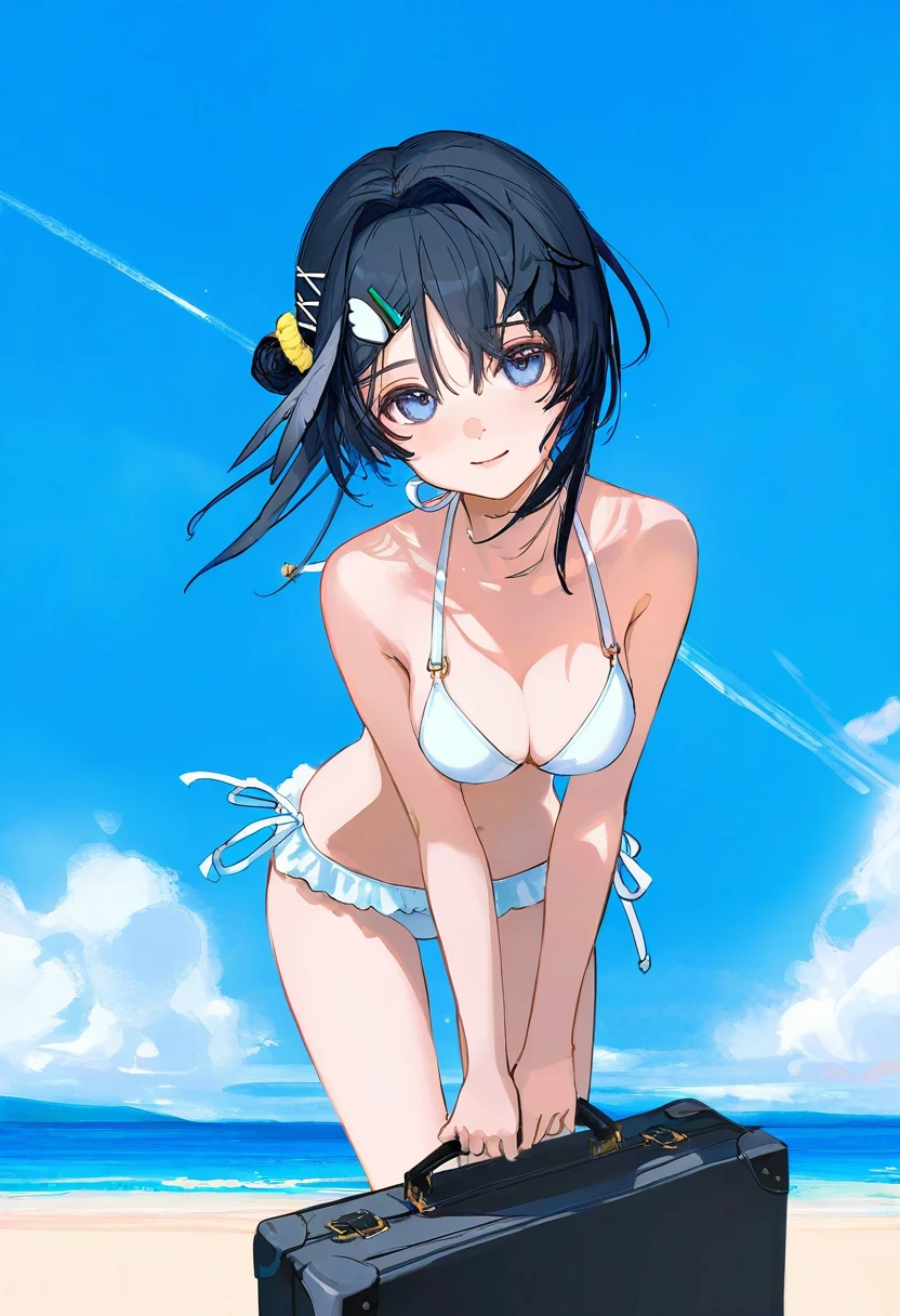 kedama milk,((( akarura))),[wlop],[ask \(askzy\)],wanke ,ciloranko, - 1girl,la pluma \(summer flowers\) \(arknights\),arknights,white bikini,outdoors,navel,day,sky,blue sky,beach,suitcase,looking at viewer,ocean,low-tied long hair,leaning forward,standing,holding,frills,hand up,bare shoulders,floating hair,