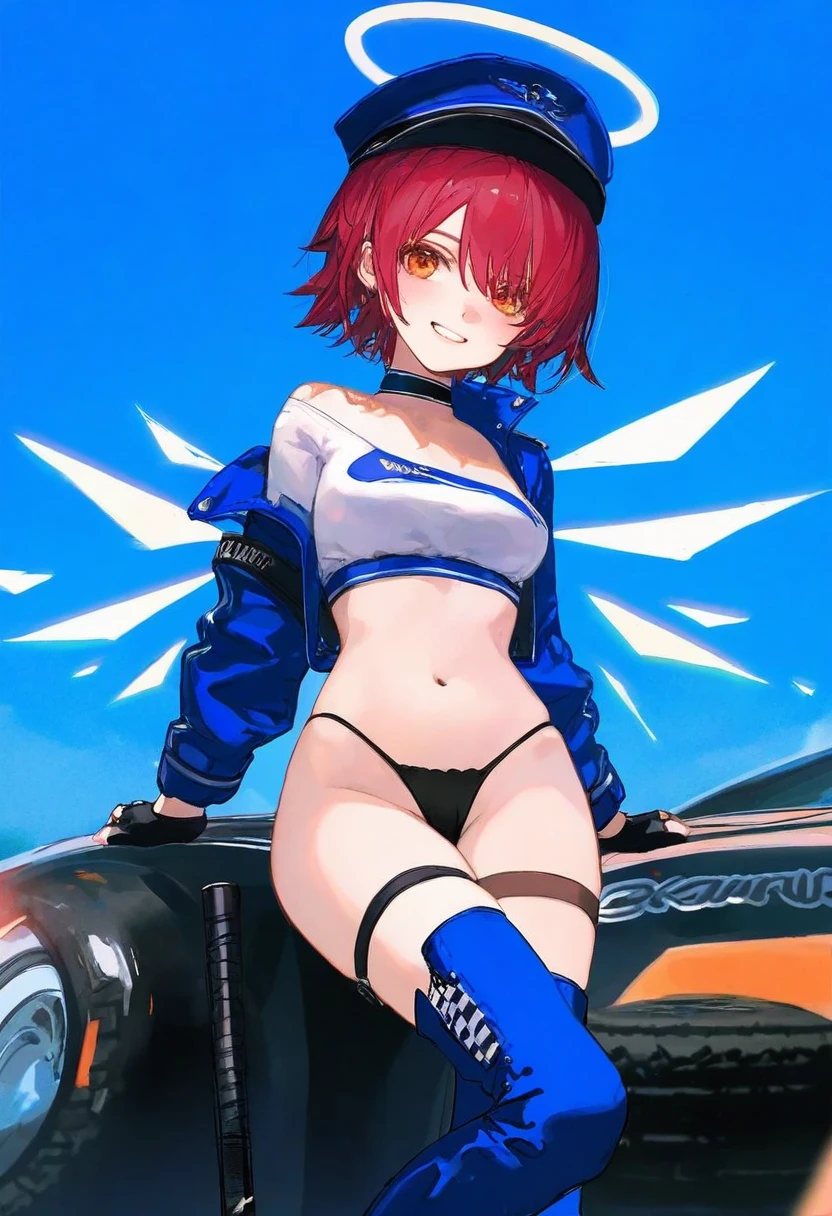 kedama milk,((( akarura))),[wlop],[ask \(askzy\)],wanke ,ciloranko, - 1girl,exusiai \(arknights\),arknights,black gloves,black panties,blue thigh boots,blue hat,blue jacket,long sleeves,race queen,thigh strap,thong,single bare shoulder,skindentation,tire,