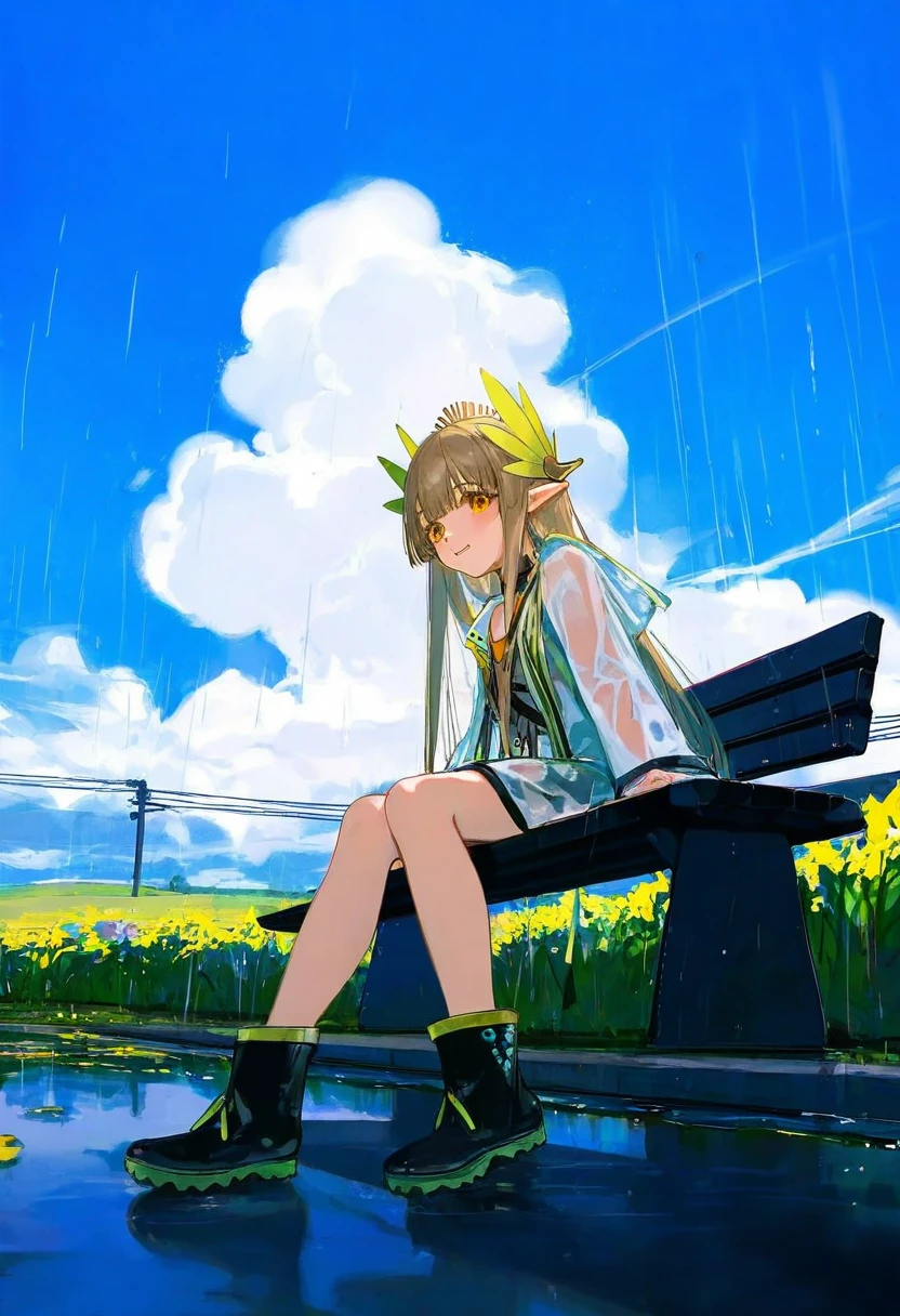 kedama milk,((( akarura))),[wlop],[ask \(askzy\)],wanke ,ciloranko, - 1girl,muelsyse \(arknights\),arknights,cloudy sky,grass,on bench,outdoors,rain,road,yellow rubber boots,see-through coat,sitting,transparent raincoat,water drop,