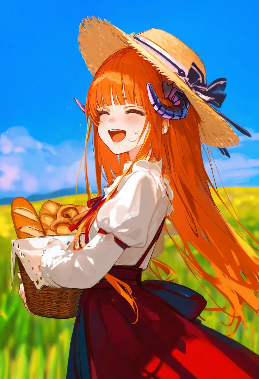 kedama milk,((( akarura))),[wlop],[ask \(askzy\)],wanke ,ciloranko, - 1girl,bagpipe \(arknights\),arknights,baguette,blush,bread,croissant,holding basket,pretzel,upper body,straw hat,field,sky,laughing,sweat,sunlight,