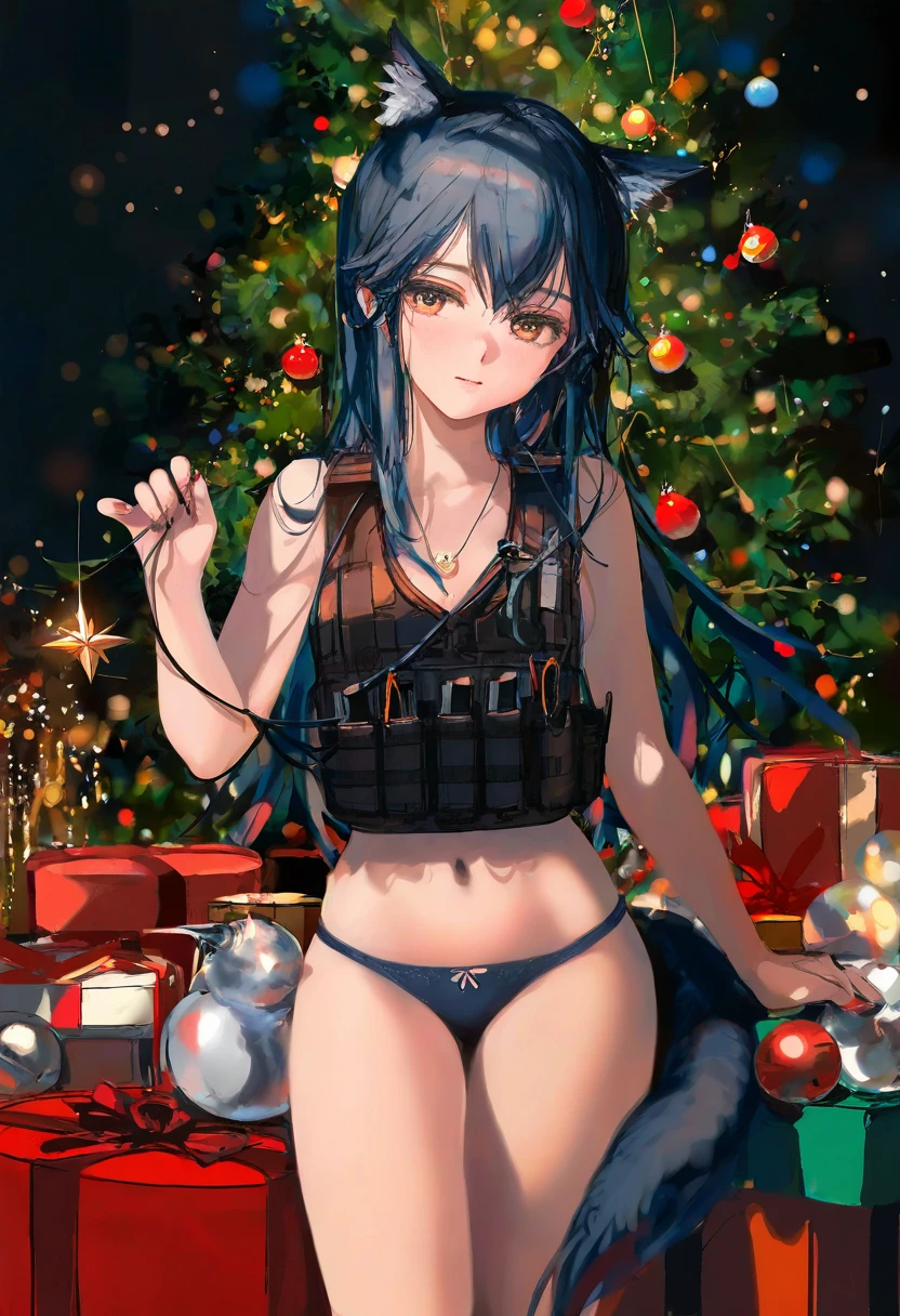 (kousaki ruri),[wlop],ciloranko, - 1girl,texas \(arknights\),arknights,underwear,tactical vest,christmas tree,christmas ornaments,