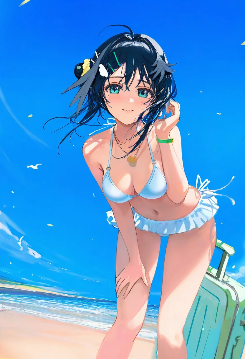 (kousaki ruri),[wlop],ciloranko, - 1girl,la pluma \(summer flowers\) \(arknights\),arknights,white bikini,outdoors,navel,day,sky,blue sky,beach,suitcase,looking at viewer,ocean,low-tied long hair,leaning forward,standing,holding,frills,hand up,bare shoulders,floating hair,