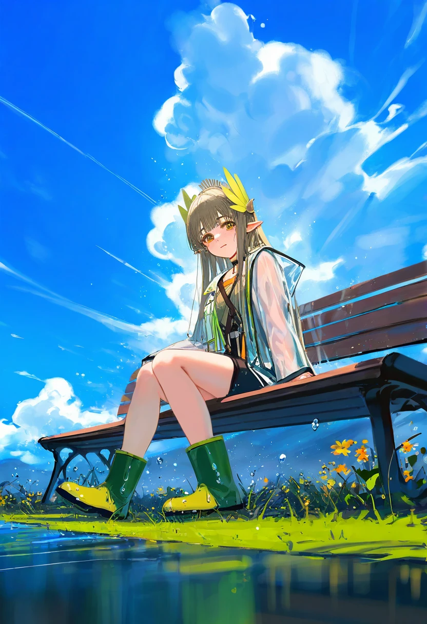 (kousaki ruri),[wlop],ciloranko, - 1girl,muelsyse \(arknights\),arknights,cloudy sky,grass,on bench,outdoors,rain,road,yellow rubber boots,see-through coat,sitting,transparent raincoat,water drop,