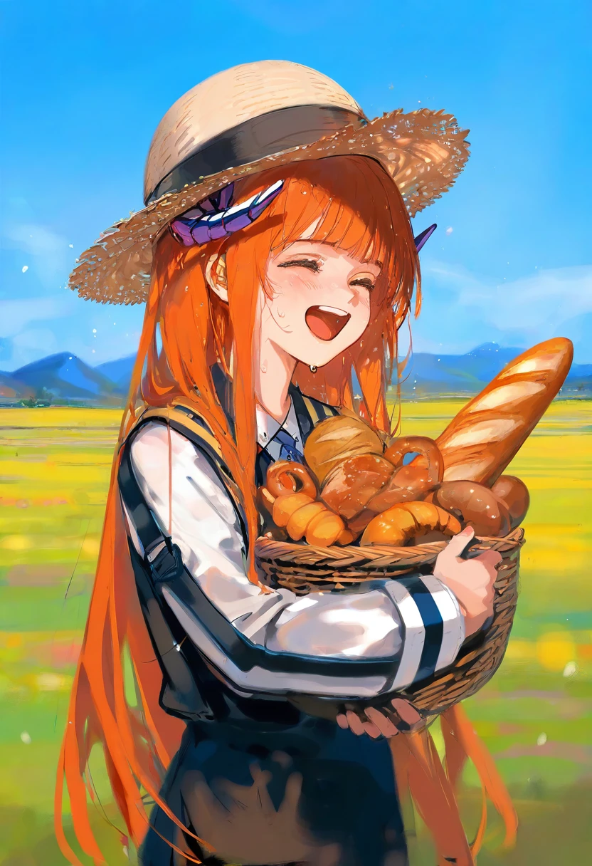 (kousaki ruri),[wlop],ciloranko, - 1girl,bagpipe \(arknights\),arknights,baguette,blush,bread,croissant,holding basket,pretzel,upper body,straw hat,field,sky,laughing,sweat,sunlight,