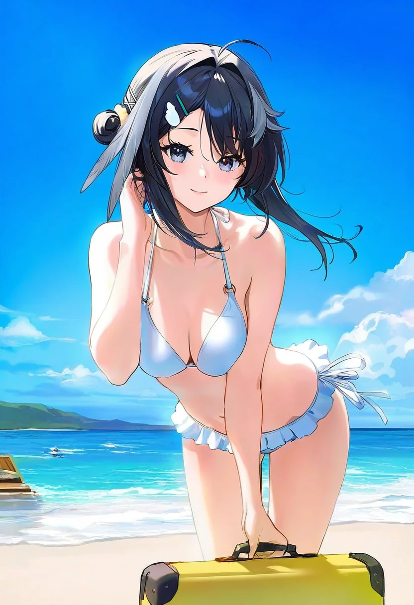 shuri \(84k\),ATDAN,chen bin,[ningen mame],[[wlop]],(sarcophage,tsubasa tsubasa,),modare,hiten \(hitenkei\), - 1girl,la pluma \(summer flowers\) \(arknights\),arknights,white bikini,outdoors,navel,day,sky,blue sky,beach,suitcase,looking at viewer,ocean,low-tied long hair,leaning forward,standing,holding,frills,hand up,bare shoulders,floating hair,