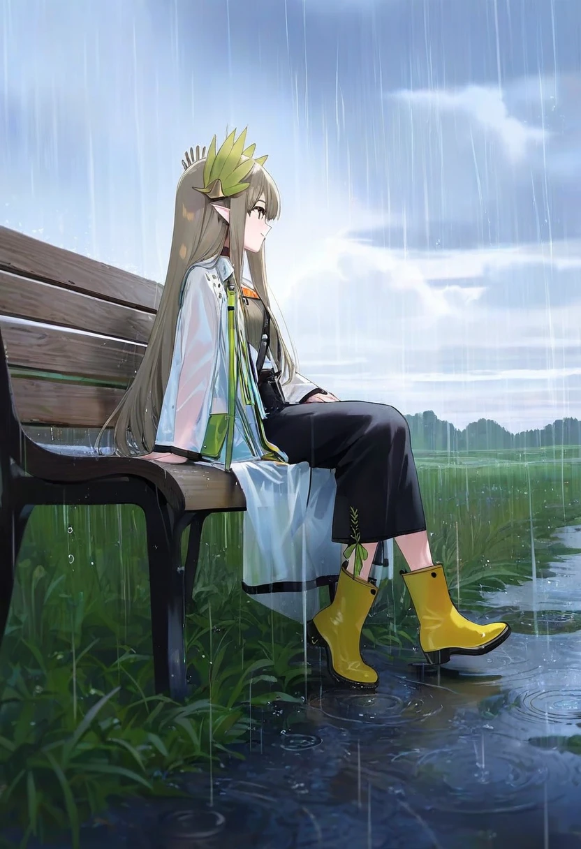 shuri \(84k\),ATDAN,chen bin,[ningen mame],[[wlop]],(sarcophage,tsubasa tsubasa,),modare,hiten \(hitenkei\), - 1girl,muelsyse \(arknights\),arknights,cloudy sky,grass,on bench,outdoors,rain,road,yellow rubber boots,see-through coat,sitting,transparent raincoat,water drop,