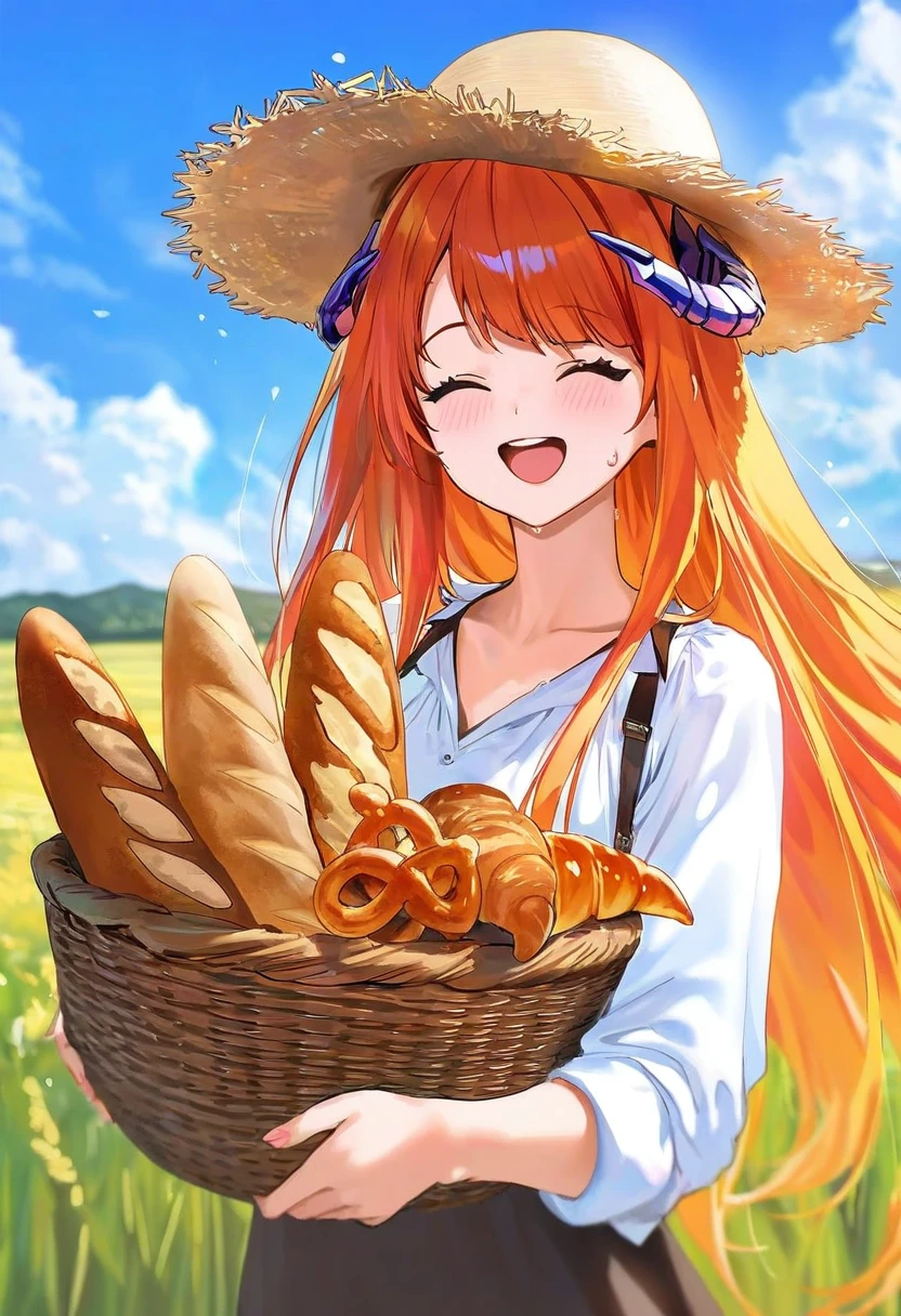 shuri \(84k\),ATDAN,chen bin,[ningen mame],[[wlop]],(sarcophage,tsubasa tsubasa,),modare,hiten \(hitenkei\), - 1girl,bagpipe \(arknights\),arknights,baguette,blush,bread,croissant,holding basket,pretzel,upper body,straw hat,field,sky,laughing,sweat,sunlight,