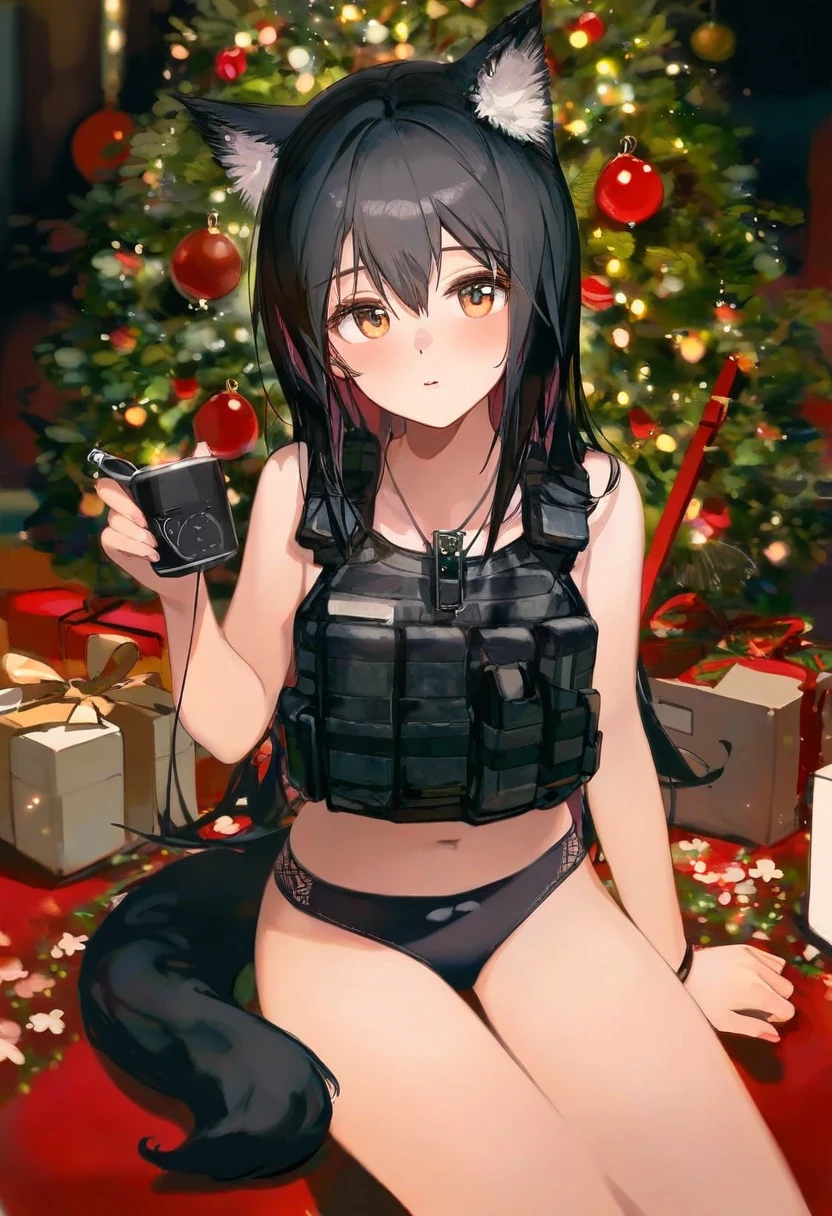 [[wlop]],[ningen mame],[bilibili xiaolu],ciloranko,[[tianliang duohe fangdongye]],[hiten (hitenkei)],[[[bm tol]]], - 1girl,texas \(arknights\),arknights,underwear,tactical vest,christmas tree,christmas ornaments,