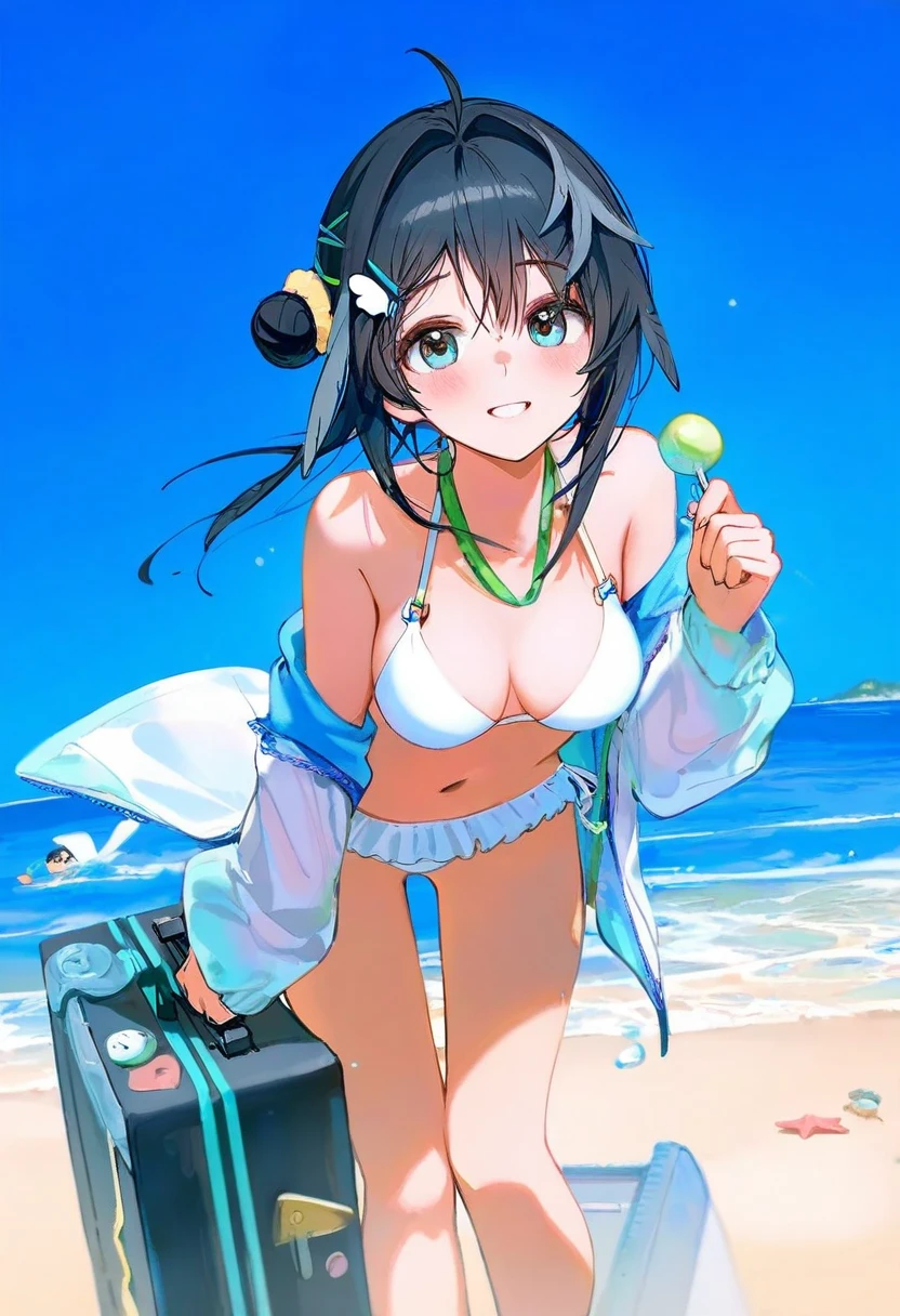[[wlop]],[ningen mame],[bilibili xiaolu],ciloranko,[[tianliang duohe fangdongye]],[hiten (hitenkei)],[[[bm tol]]], - 1girl,la pluma \(summer flowers\) \(arknights\),arknights,white bikini,outdoors,navel,day,sky,blue sky,beach,suitcase,looking at viewer,ocean,low-tied long hair,leaning forward,standing,holding,frills,hand up,bare shoulders,floating hair,