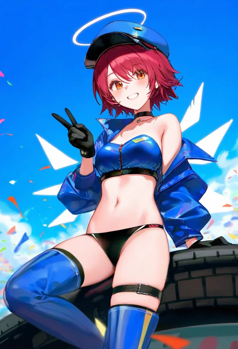 [[wlop]],[ningen mame],[bilibili xiaolu],ciloranko,[[tianliang duohe fangdongye]],[hiten (hitenkei)],[[[bm tol]]], - 1girl,exusiai \(arknights\),arknights,black gloves,black panties,blue thigh boots,blue hat,blue jacket,long sleeves,race queen,thigh strap,thong,single bare shoulder,skindentation,tire,