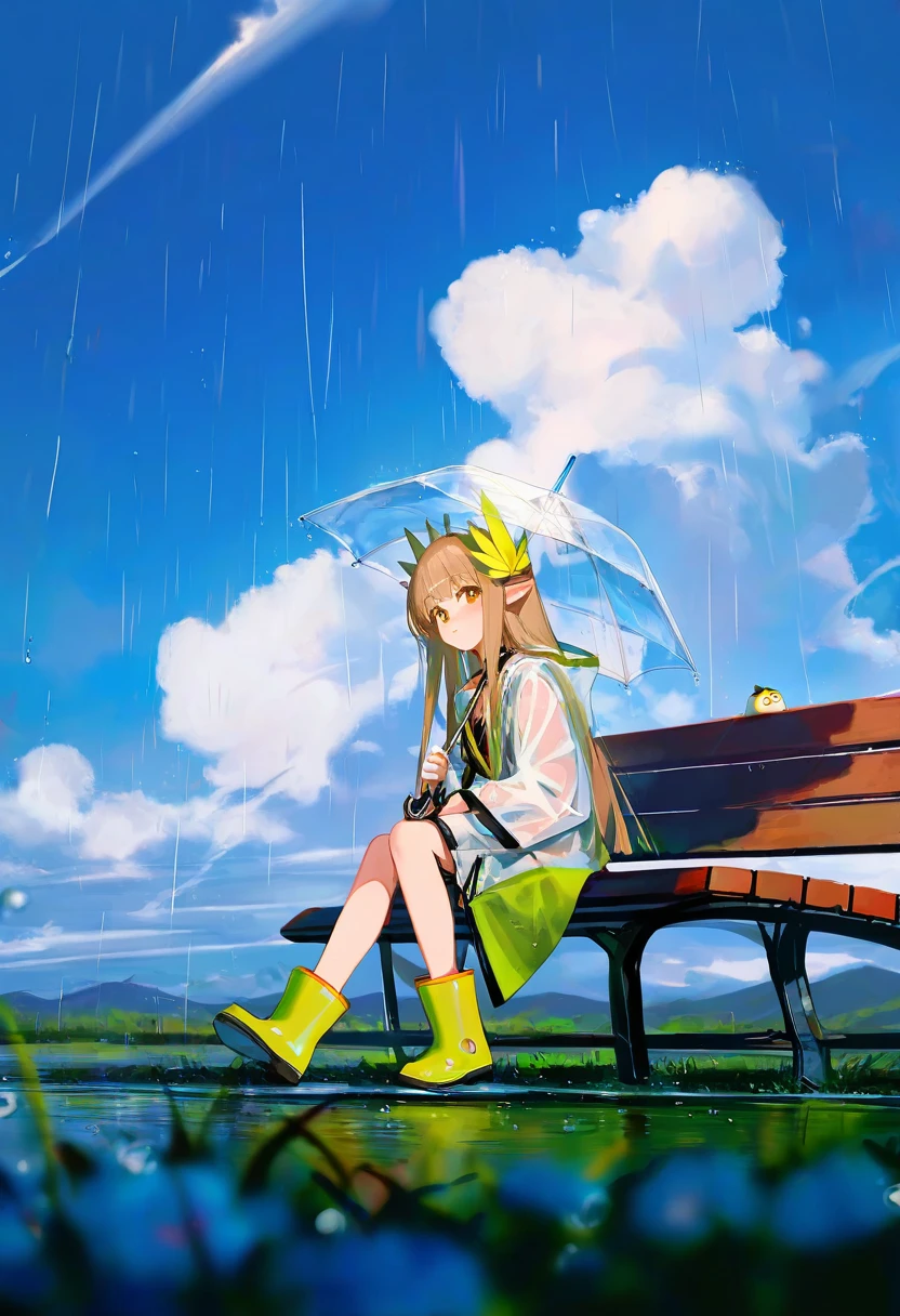 [[wlop]],[ningen mame],[bilibili xiaolu],ciloranko,[[tianliang duohe fangdongye]],[hiten (hitenkei)],[[[bm tol]]], - 1girl,muelsyse \(arknights\),arknights,cloudy sky,grass,on bench,outdoors,rain,road,yellow rubber boots,see-through coat,sitting,transparent raincoat,water drop,