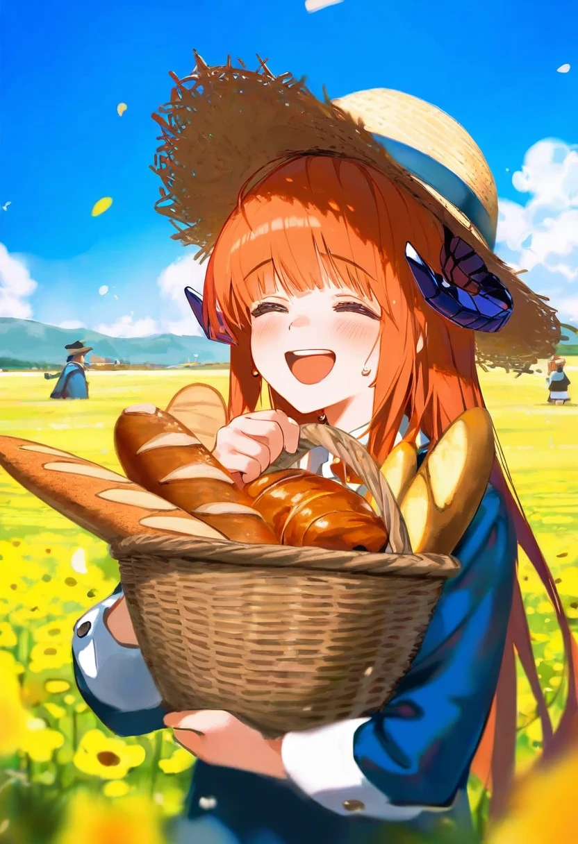 [[wlop]],[ningen mame],[bilibili xiaolu],ciloranko,[[tianliang duohe fangdongye]],[hiten (hitenkei)],[[[bm tol]]], - 1girl,bagpipe \(arknights\),arknights,baguette,blush,bread,croissant,holding basket,pretzel,upper body,straw hat,field,sky,laughing,sweat,sunlight,