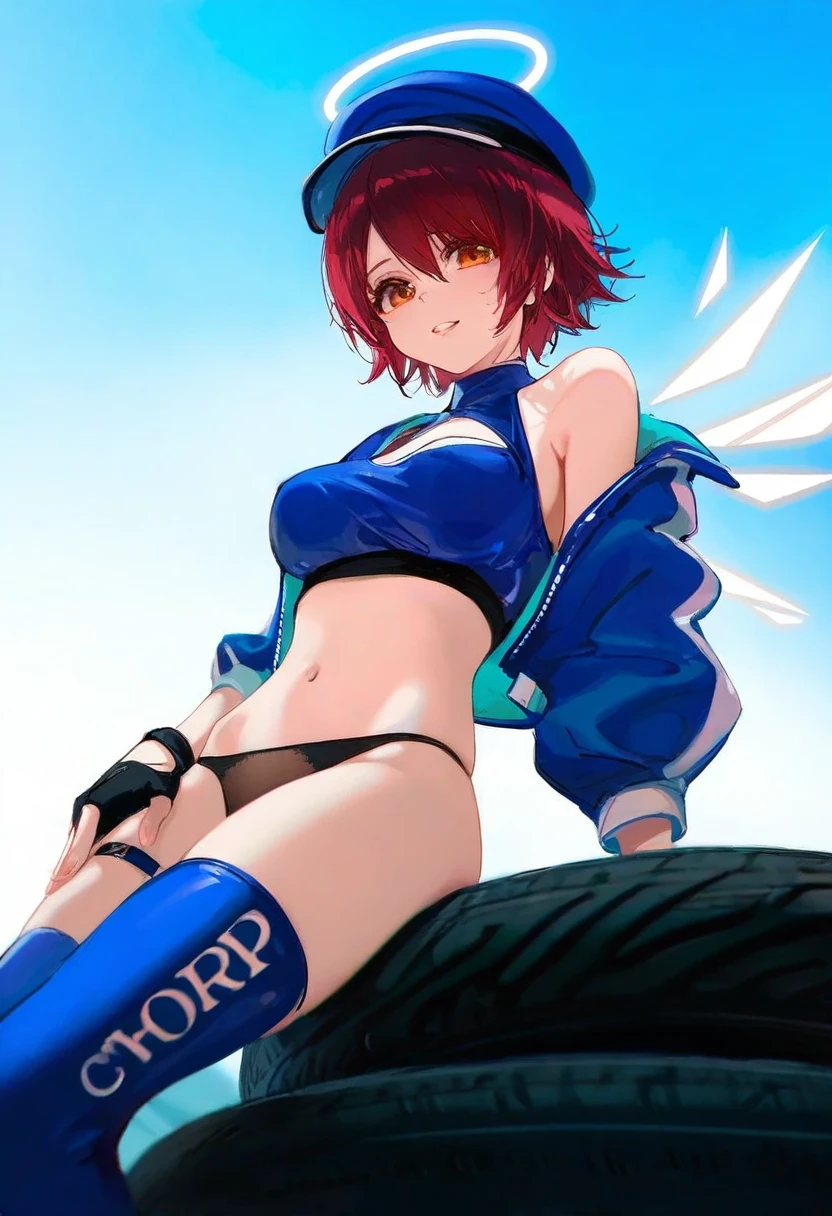 wlop,40hara,[As109],Torino,ask\(askzy\),ciloranko,[sho \(sho lwlw\)], - 1girl,exusiai \(arknights\),arknights,black gloves,black panties,blue thigh boots,blue hat,blue jacket,long sleeves,race queen,thigh strap,thong,single bare shoulder,skindentation,tire,