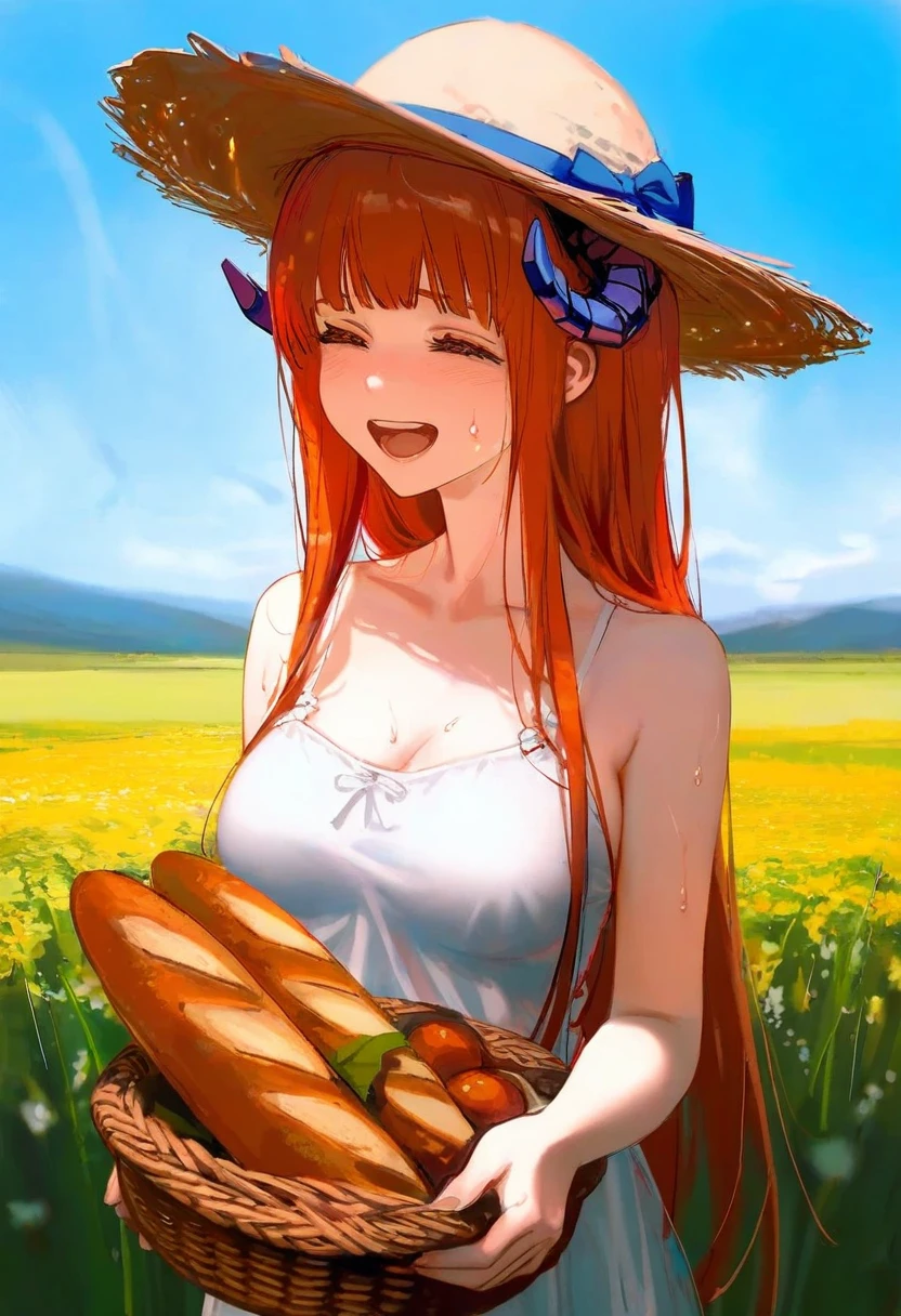 wlop,40hara,[As109],Torino,ask\(askzy\),ciloranko,[sho \(sho lwlw\)], - 1girl,bagpipe \(arknights\),arknights,baguette,blush,bread,croissant,holding basket,pretzel,upper body,straw hat,field,sky,laughing,sweat,sunlight,