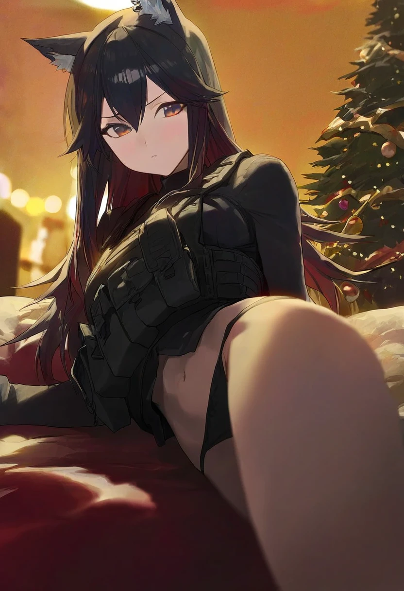 modare, - 1girl,texas \(arknights\),arknights,underwear,tactical vest,christmas tree,christmas ornaments,