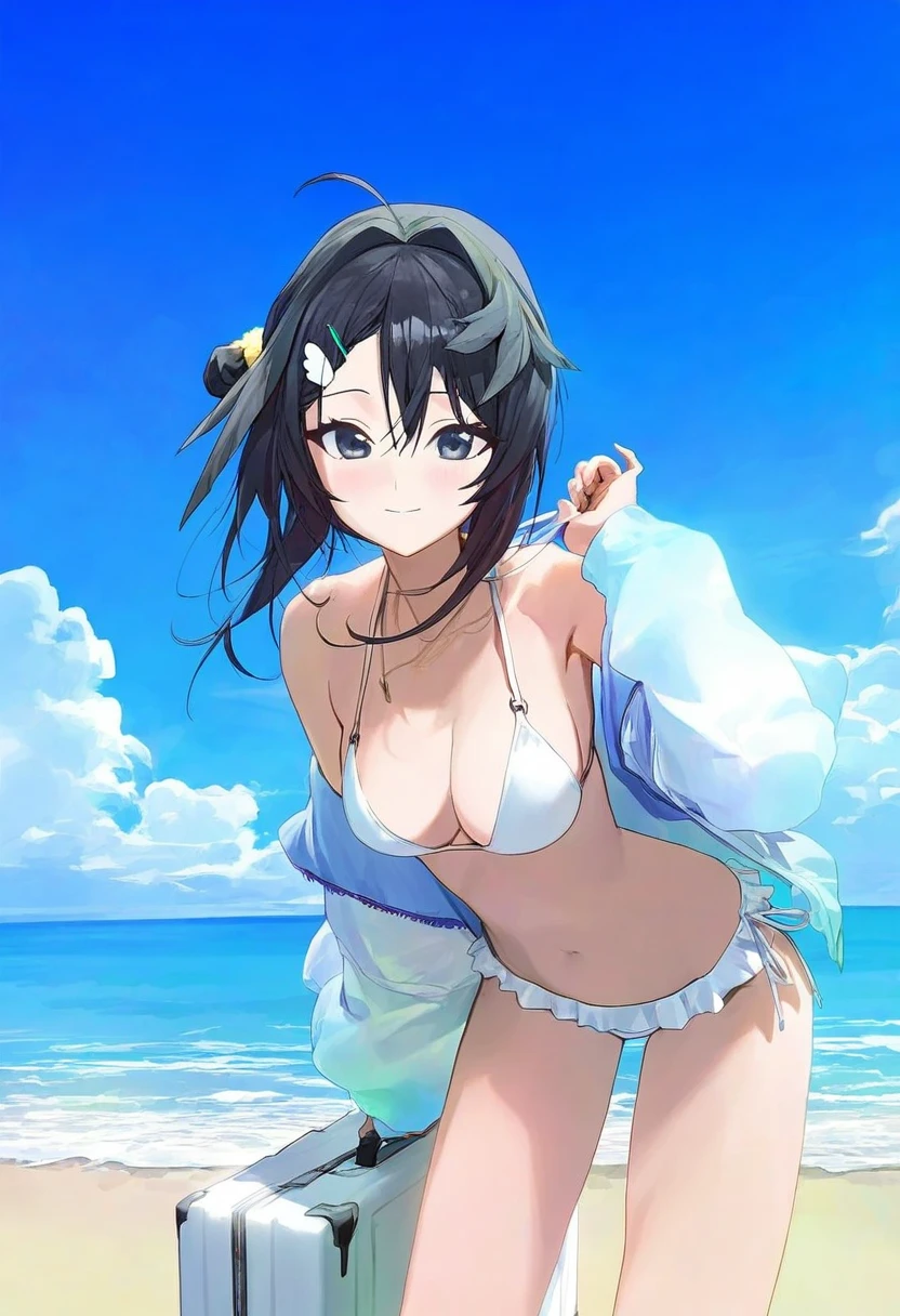 modare, - 1girl,la pluma \(summer flowers\) \(arknights\),arknights,white bikini,outdoors,navel,day,sky,blue sky,beach,suitcase,looking at viewer,ocean,low-tied long hair,leaning forward,standing,holding,frills,hand up,bare shoulders,floating hair,