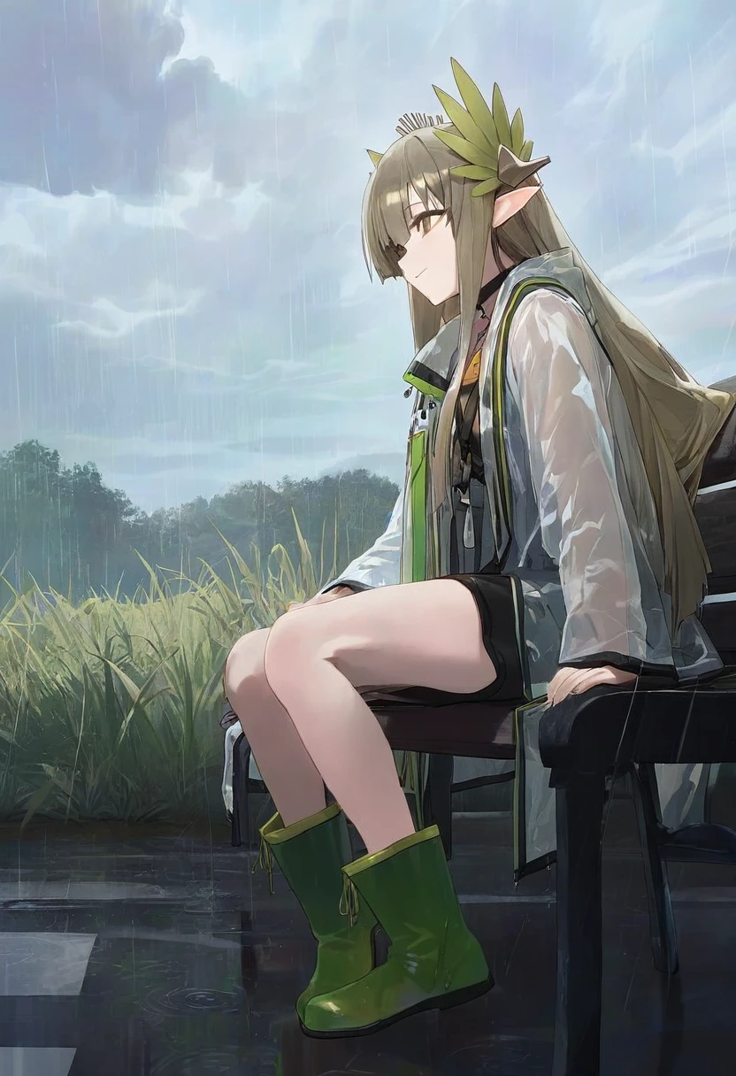 modare, - 1girl,muelsyse \(arknights\),arknights,cloudy sky,grass,on bench,outdoors,rain,road,yellow rubber boots,see-through coat,sitting,transparent raincoat,water drop,