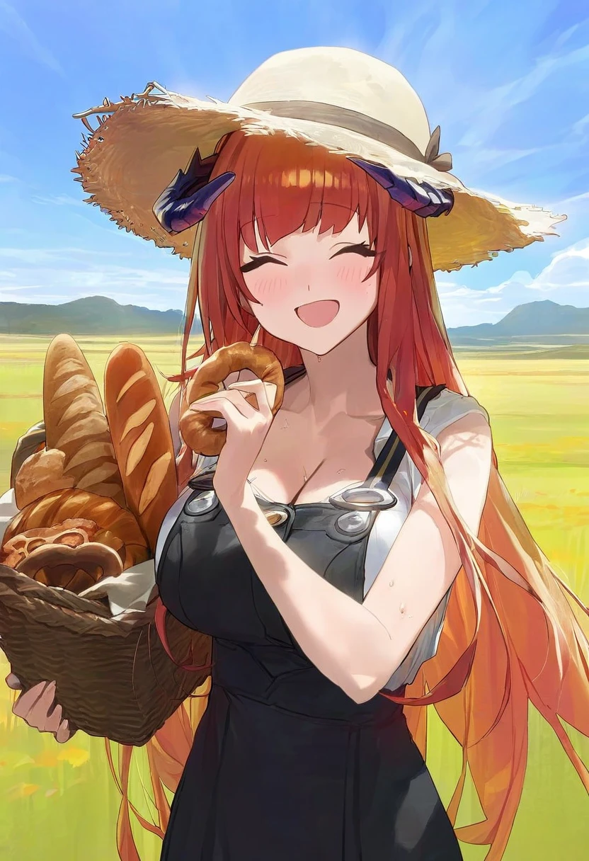 modare, - 1girl,bagpipe \(arknights\),arknights,baguette,blush,bread,croissant,holding basket,pretzel,upper body,straw hat,field,sky,laughing,sweat,sunlight,