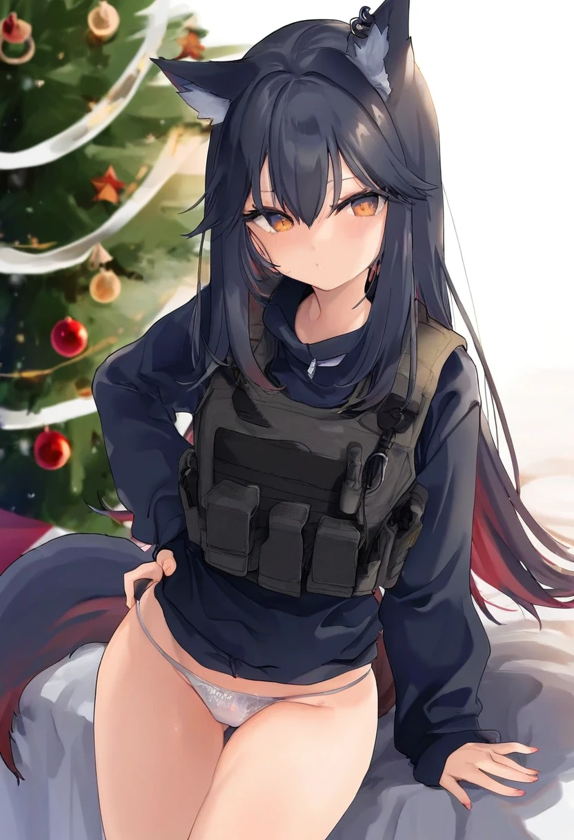 kedama milk, - 1girl,texas \(arknights\),arknights,underwear,tactical vest,christmas tree,christmas ornaments,