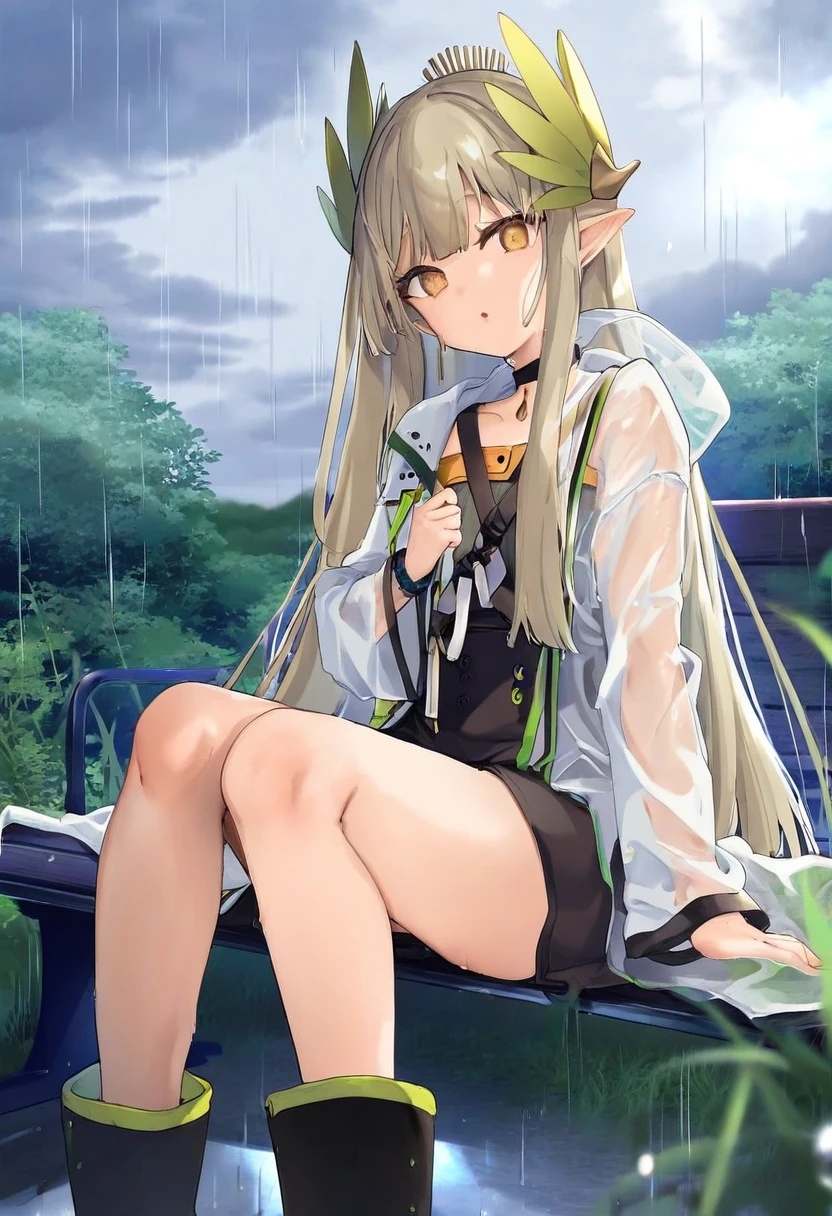 kedama milk, - 1girl,muelsyse \(arknights\),arknights,cloudy sky,grass,on bench,outdoors,rain,road,yellow rubber boots,see-through coat,sitting,transparent raincoat,water drop,