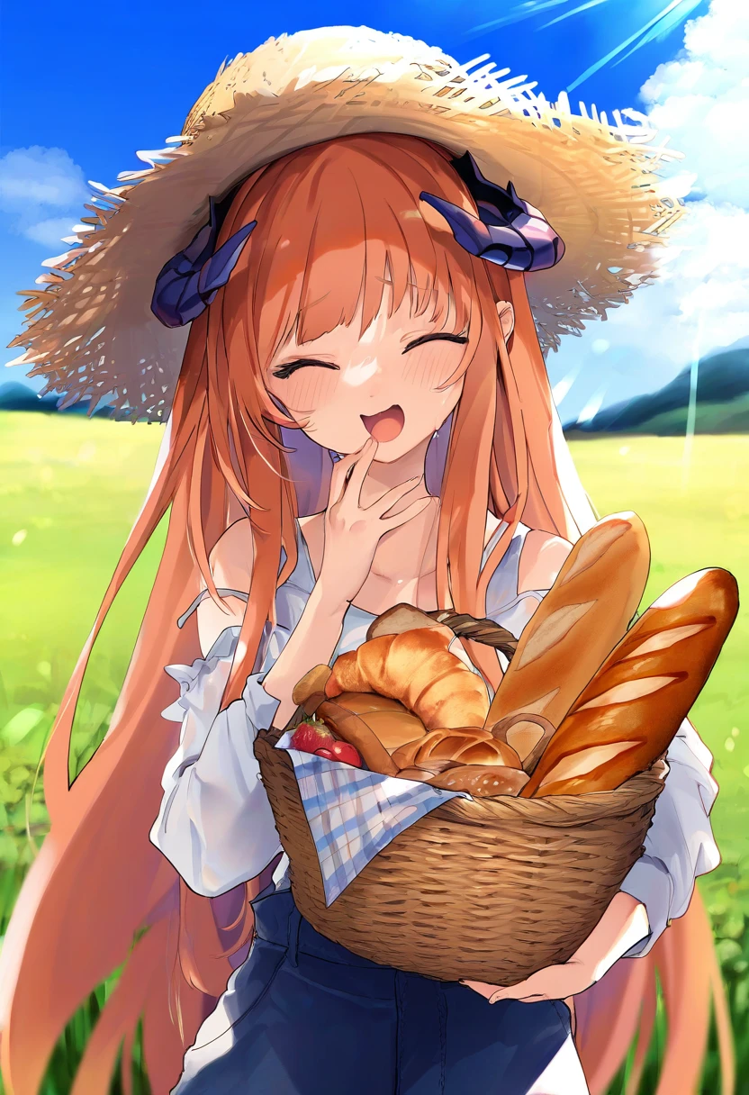 kedama milk, - 1girl,bagpipe \(arknights\),arknights,baguette,blush,bread,croissant,holding basket,pretzel,upper body,straw hat,field,sky,laughing,sweat,sunlight,