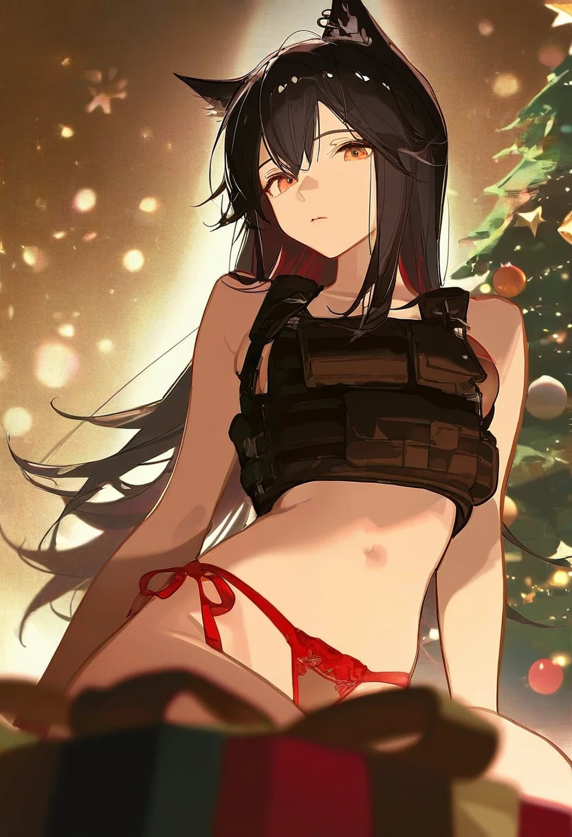 [ask \(askzy\)], - 1girl,texas \(arknights\),arknights,underwear,tactical vest,christmas tree,christmas ornaments,
