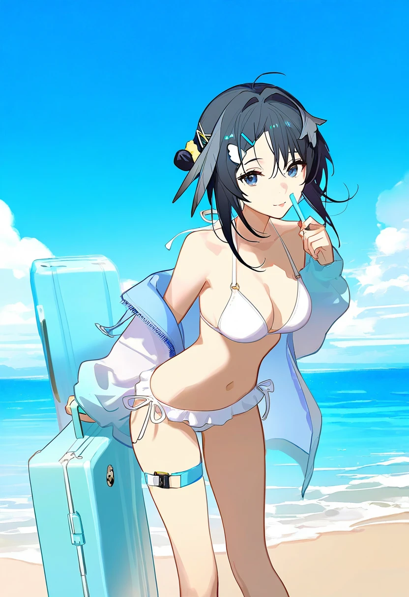[ask \(askzy\)], - 1girl,la pluma \(summer flowers\) \(arknights\),arknights,white bikini,outdoors,navel,day,sky,blue sky,beach,suitcase,looking at viewer,ocean,low-tied long hair,leaning forward,standing,holding,frills,hand up,bare shoulders,floating hair,