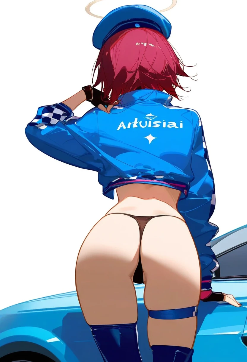 [ask \(askzy\)], - 1girl,exusiai \(arknights\),arknights,black gloves,black panties,blue thigh boots,blue hat,blue jacket,long sleeves,race queen,thigh strap,thong,single bare shoulder,skindentation,tire,