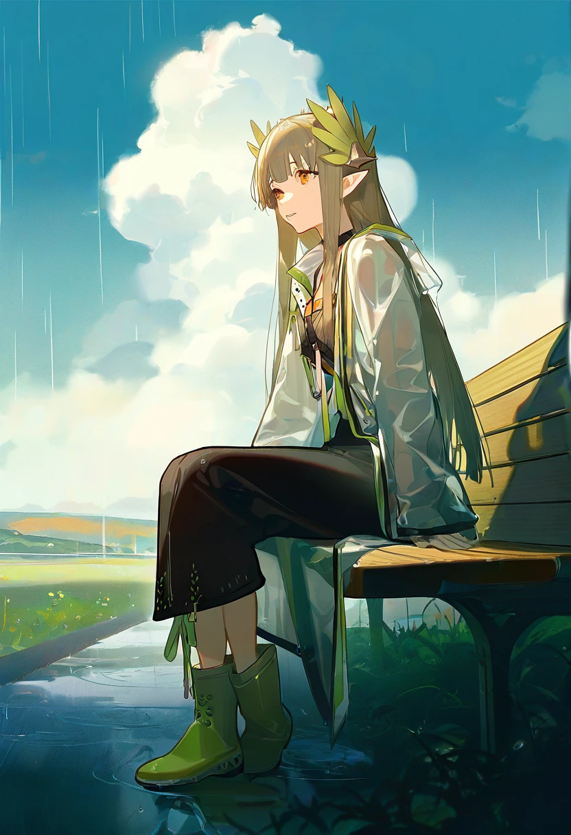 [ask \(askzy\)], - 1girl,muelsyse \(arknights\),arknights,cloudy sky,grass,on bench,outdoors,rain,road,yellow rubber boots,see-through coat,sitting,transparent raincoat,water drop,