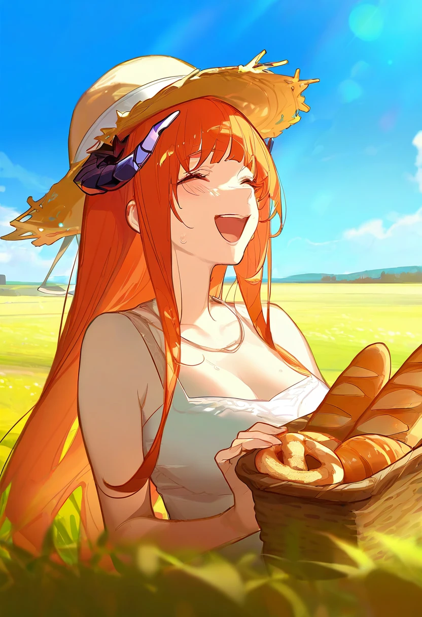 [ask \(askzy\)], - 1girl,bagpipe \(arknights\),arknights,baguette,blush,bread,croissant,holding basket,pretzel,upper body,straw hat,field,sky,laughing,sweat,sunlight,